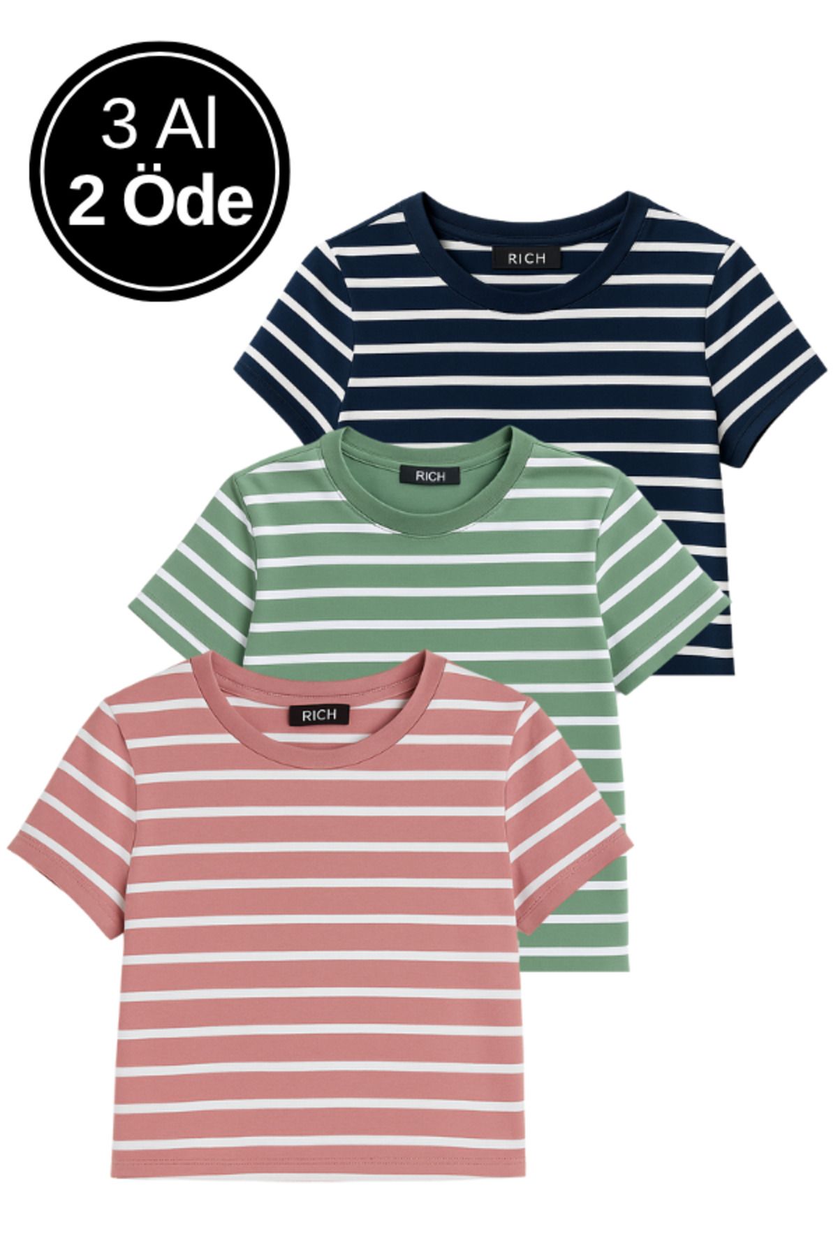 Rich Kadın 3'lü Paket Yeşil-Pembe-Mavi Crop Tişört Pamuk Bisiklet Yaka T-Shirt