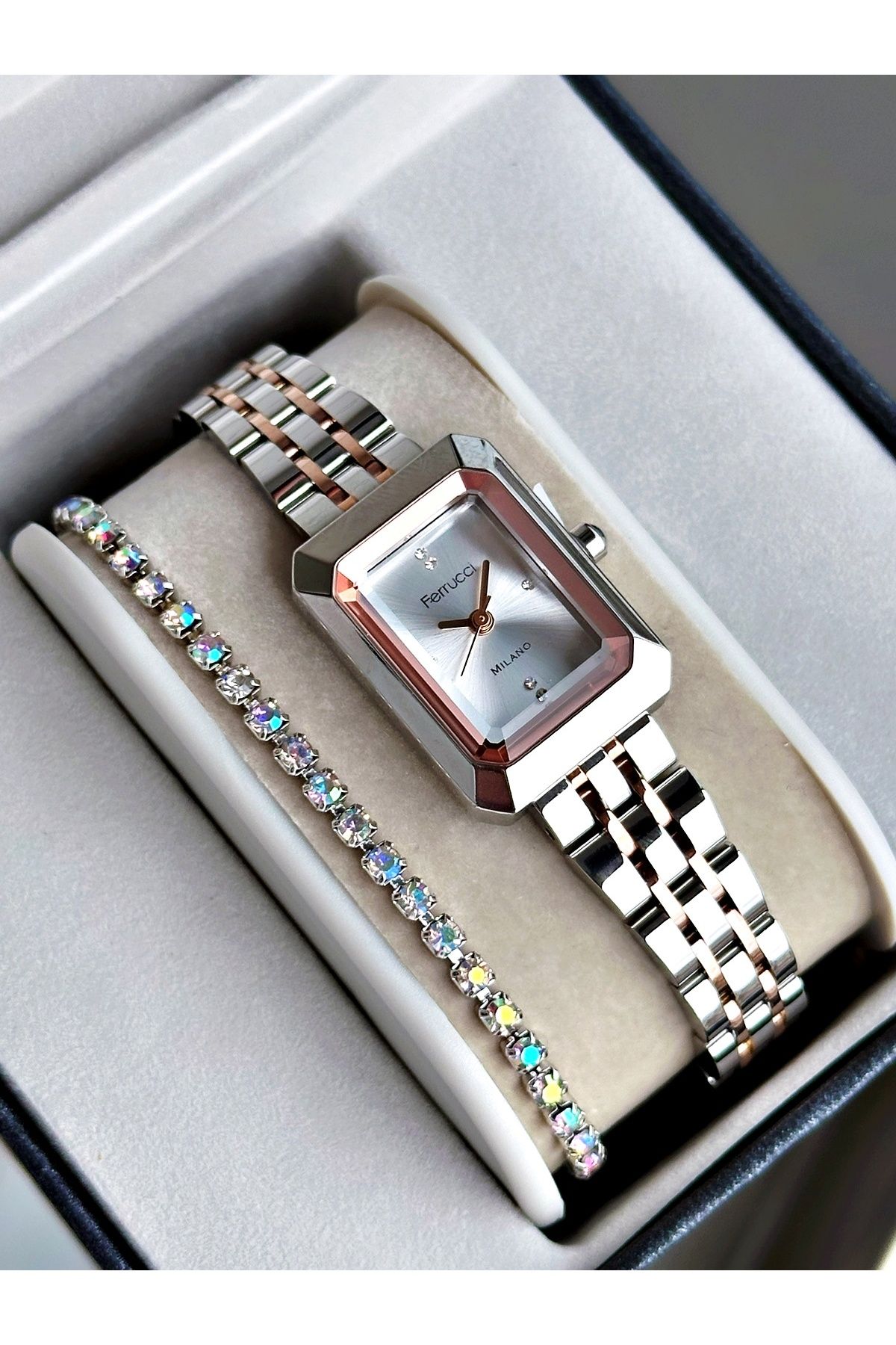 Ferrucci Rose Gold Gümüş Renk Minimal Kasa Çelik Kordon Kadın Kol Saati + BİLEKLİK