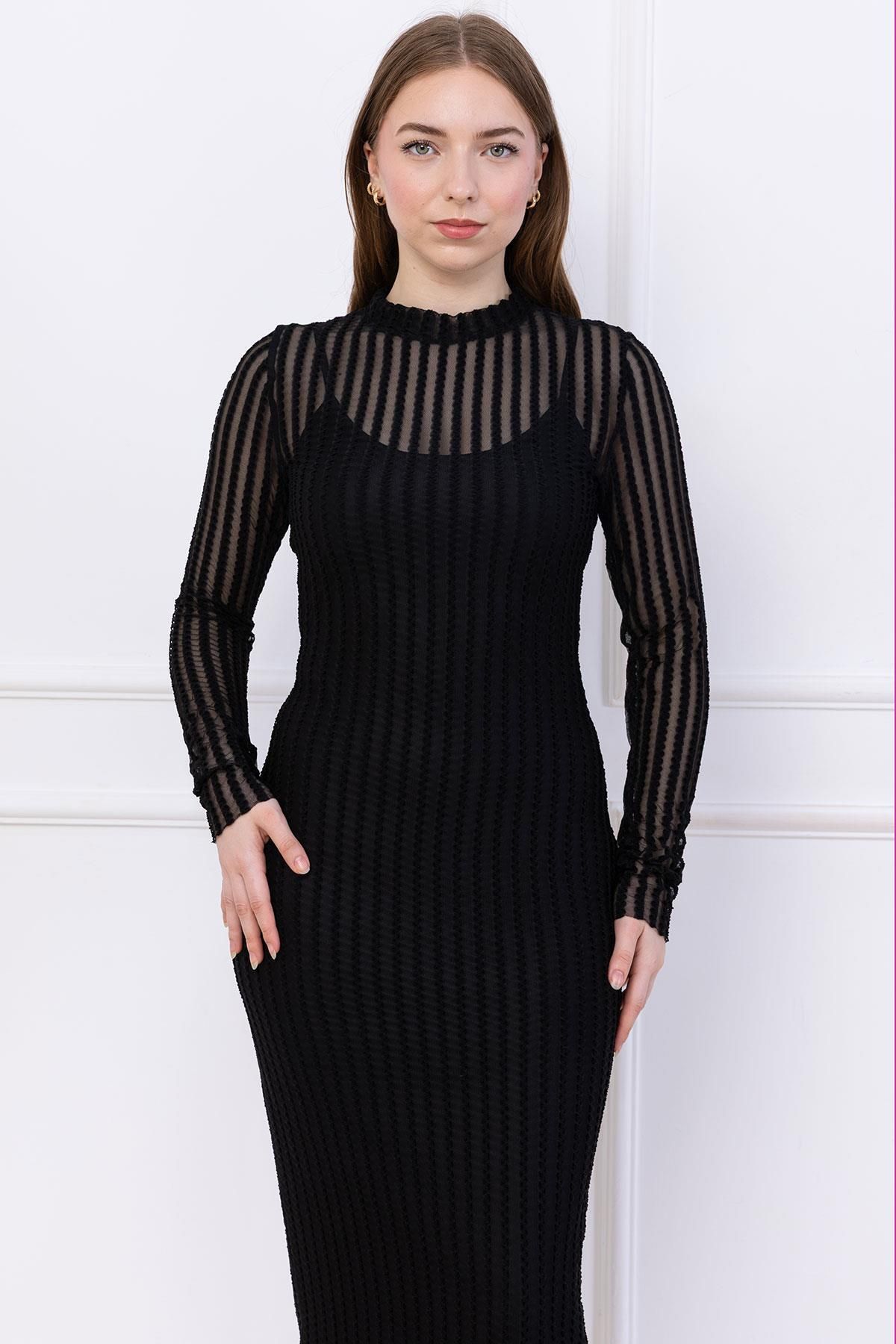 SENSTIL Transparan Elbise Astarlı Siyah SS2745
