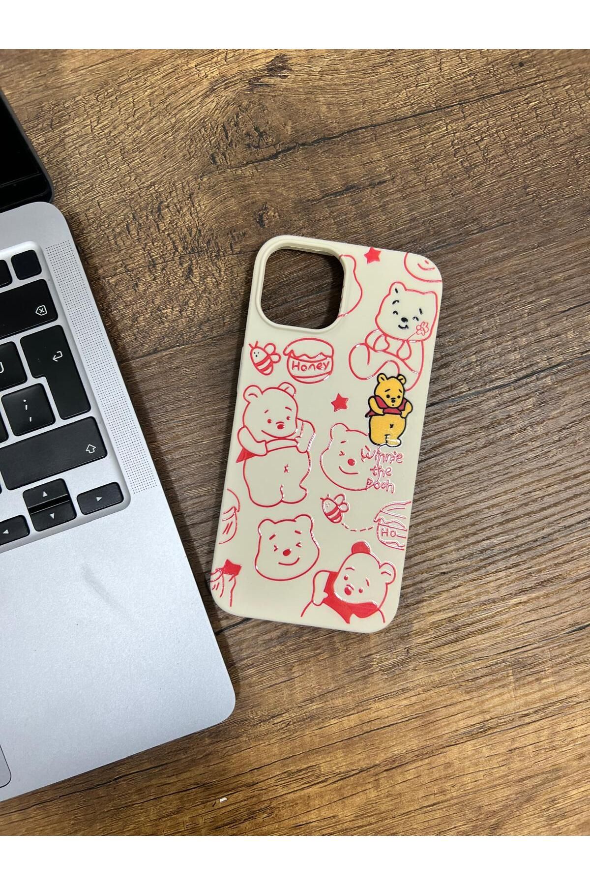 HZR Iphone 14 Bej Sarı Ayıcık Desenli Silikon Kılıf