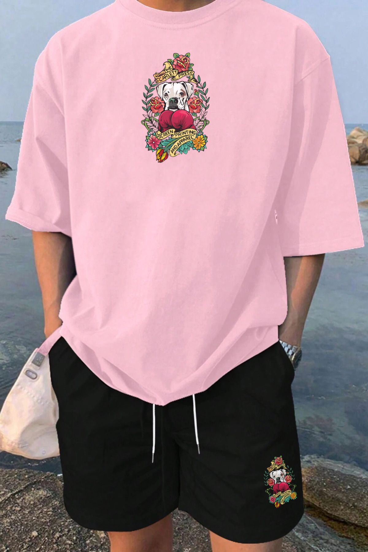 MELADYAN Boksör Köpek Baskılı Pembe T-shirt Siyah Şort Alt Üst Takım
