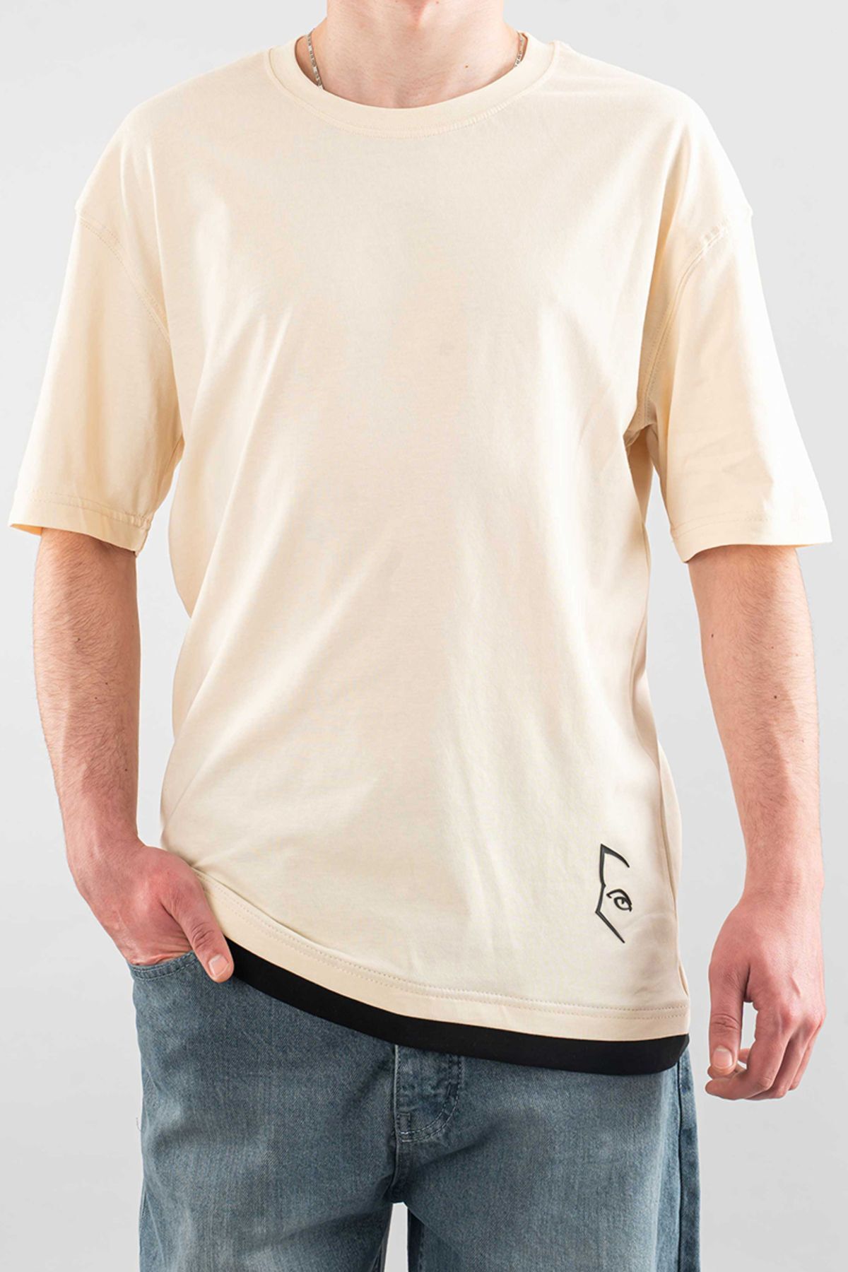 bombe Erkek Özel Bisiklet Yaka Tişört Basic Yarı Owersize Düz Baskılı T-Shirt
