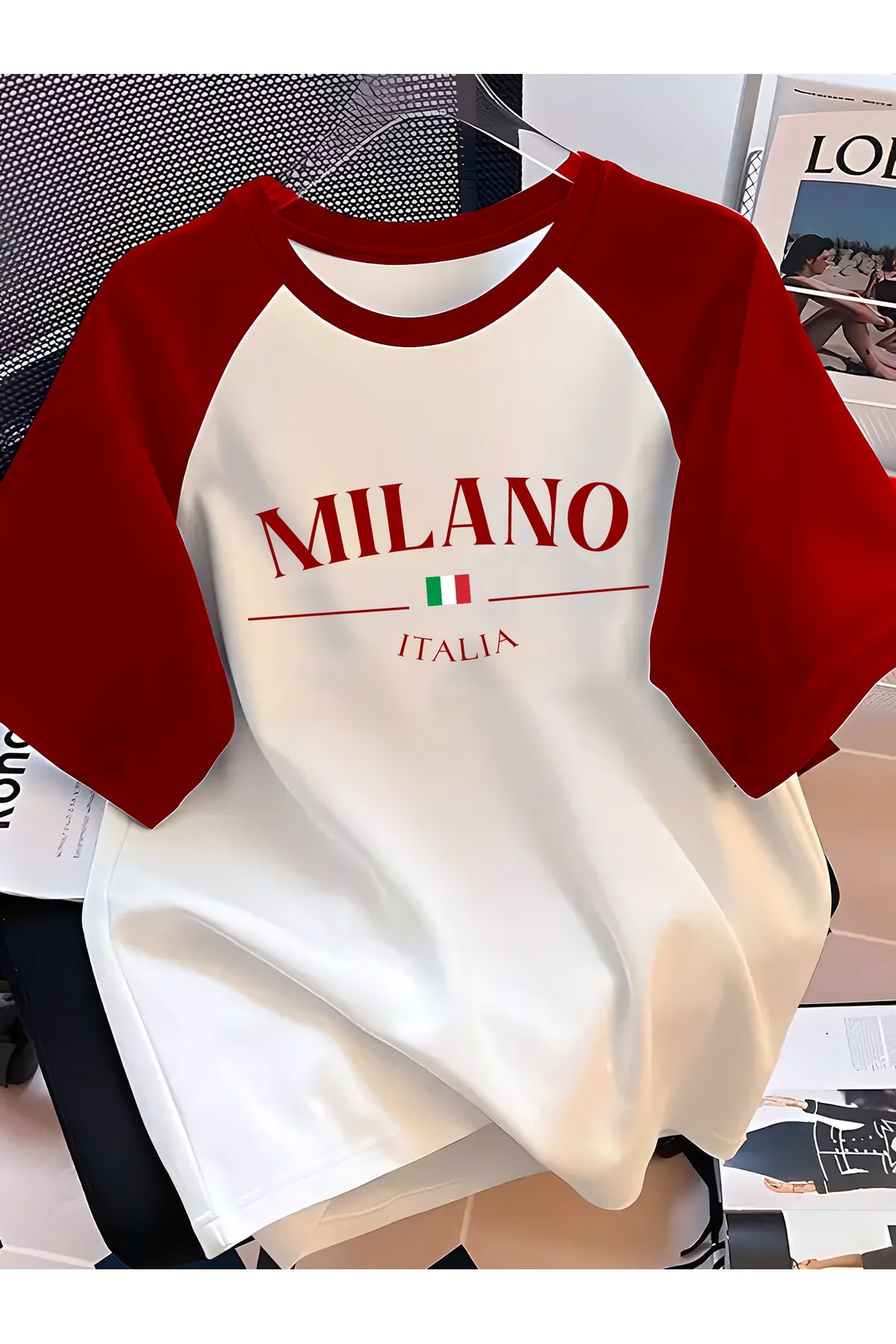 LUCKYPORT Unisex Terletmez Dayanıklı T-Shirt | Milano Yazı Tasarım Baskılı Kırmızı Reglan Kol