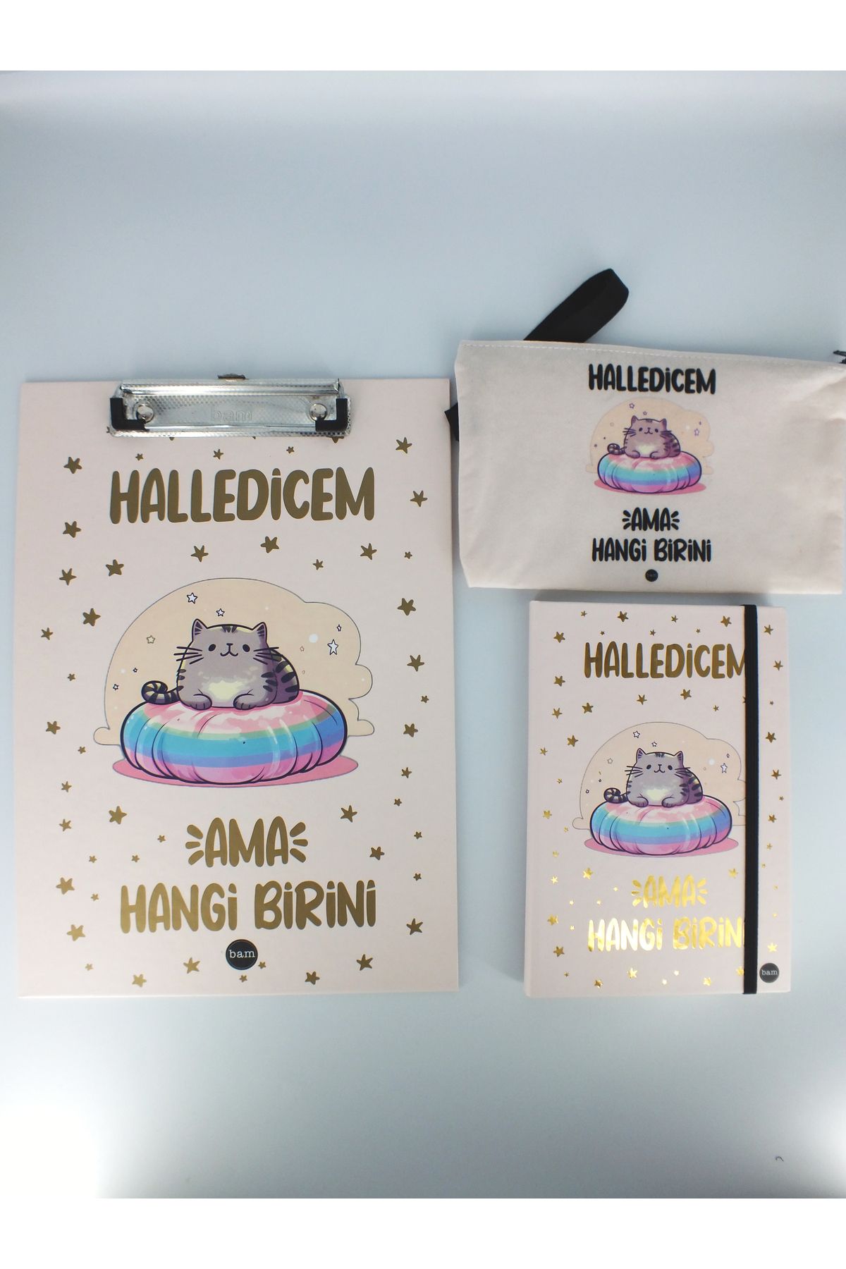 Bam Sekreterlik Seti Lastipli Sert Kapak Defter Bez Çanta Kalemlik Renkli Mottolu