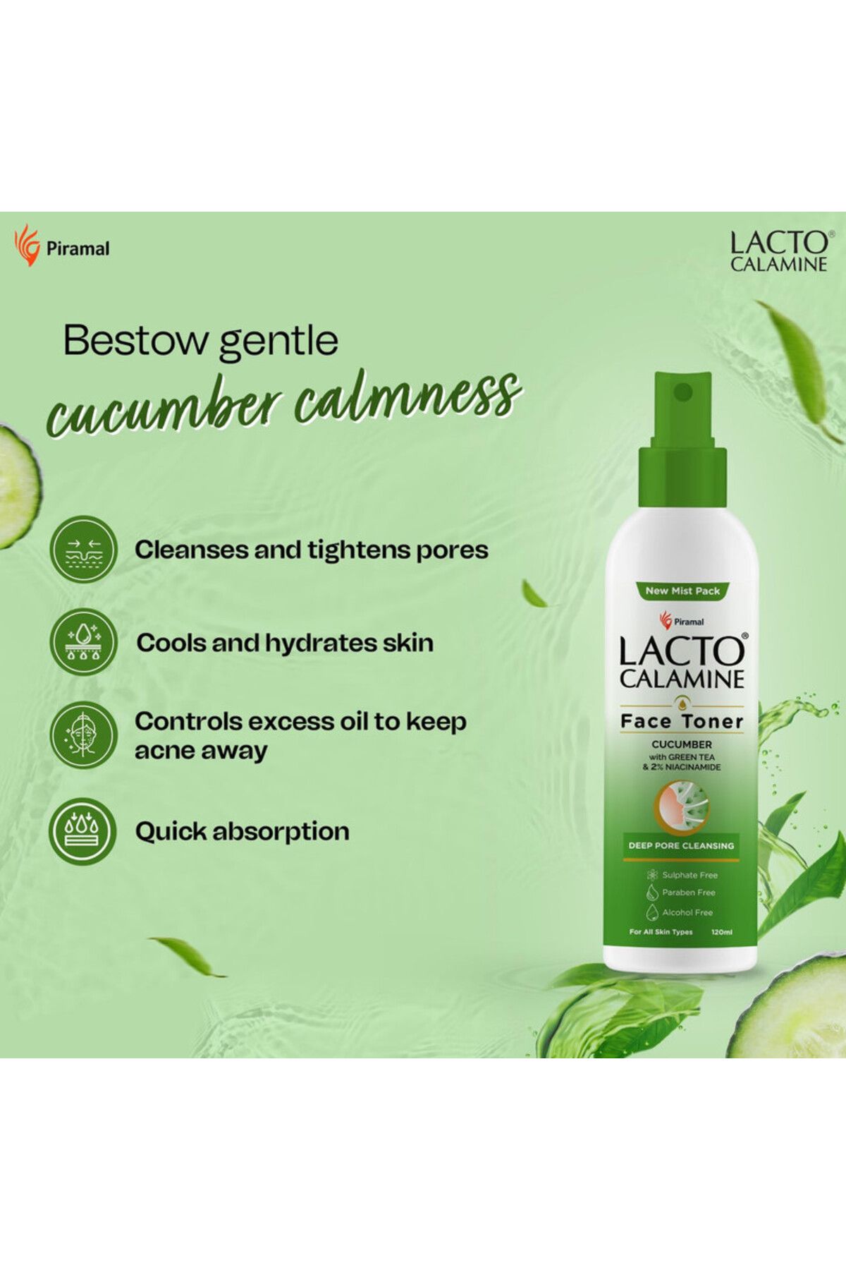 Lacto Calamine-Face Toner Cucumber with Green Tea 120 ml 4