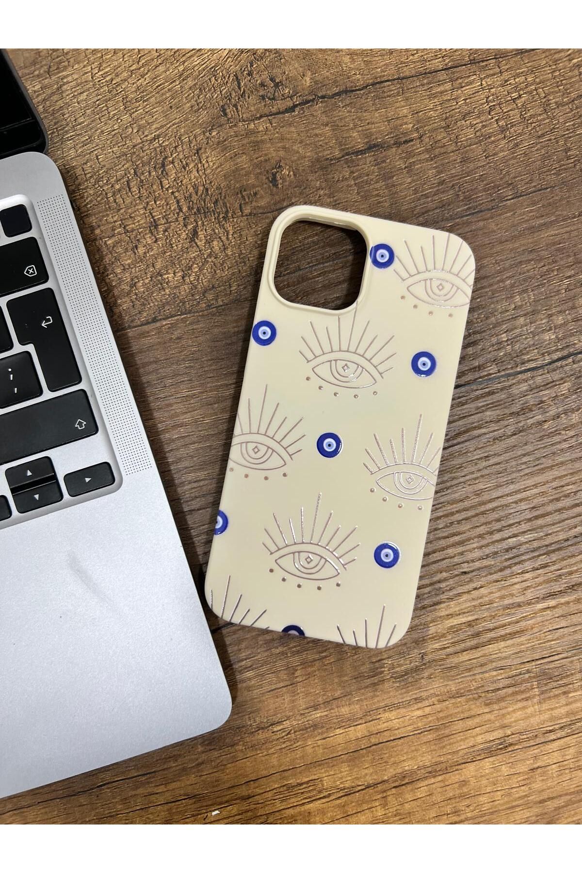 HZR Iphone 14 Bej Nazar Boncuğu Desenli Silikon Kılıf