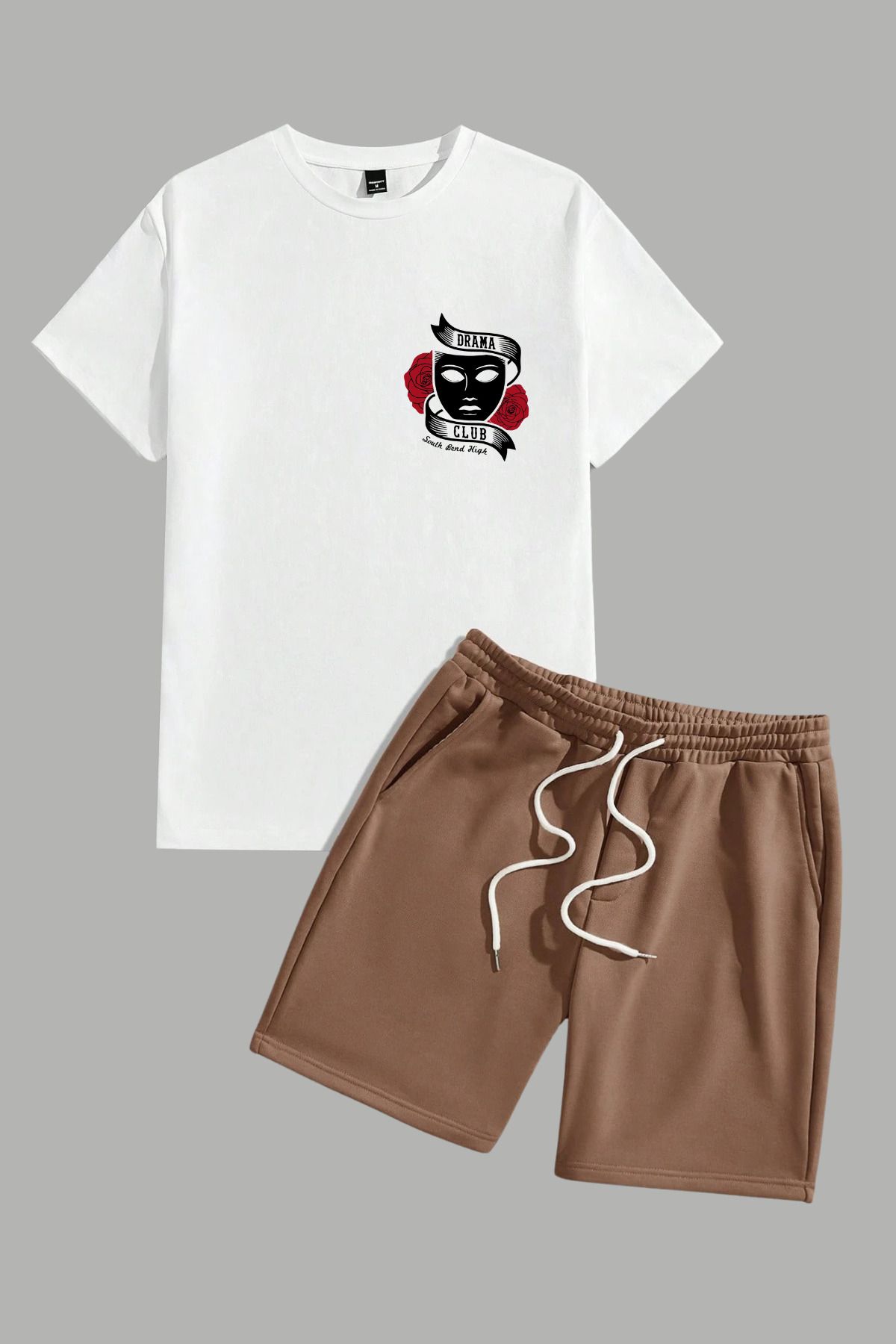 MELADYAN DramaClubÜst Baskılı Beyaz T-shirt Kahverengi Şort Alt Üst Takım