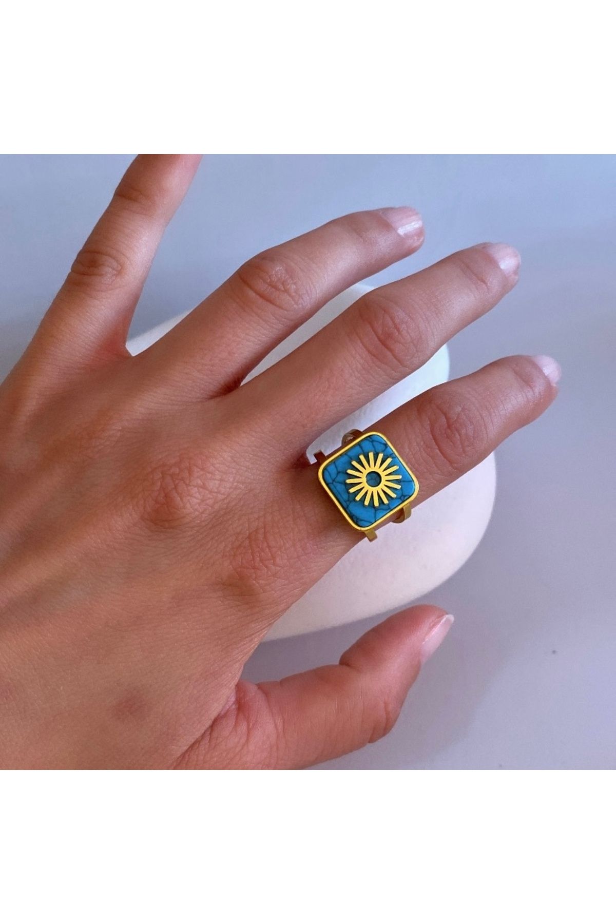 Mavi Aksesuar Çelik Vintage Etnik Hareli Mavi Kare Taşlı Yüzük Ayarlanabilir