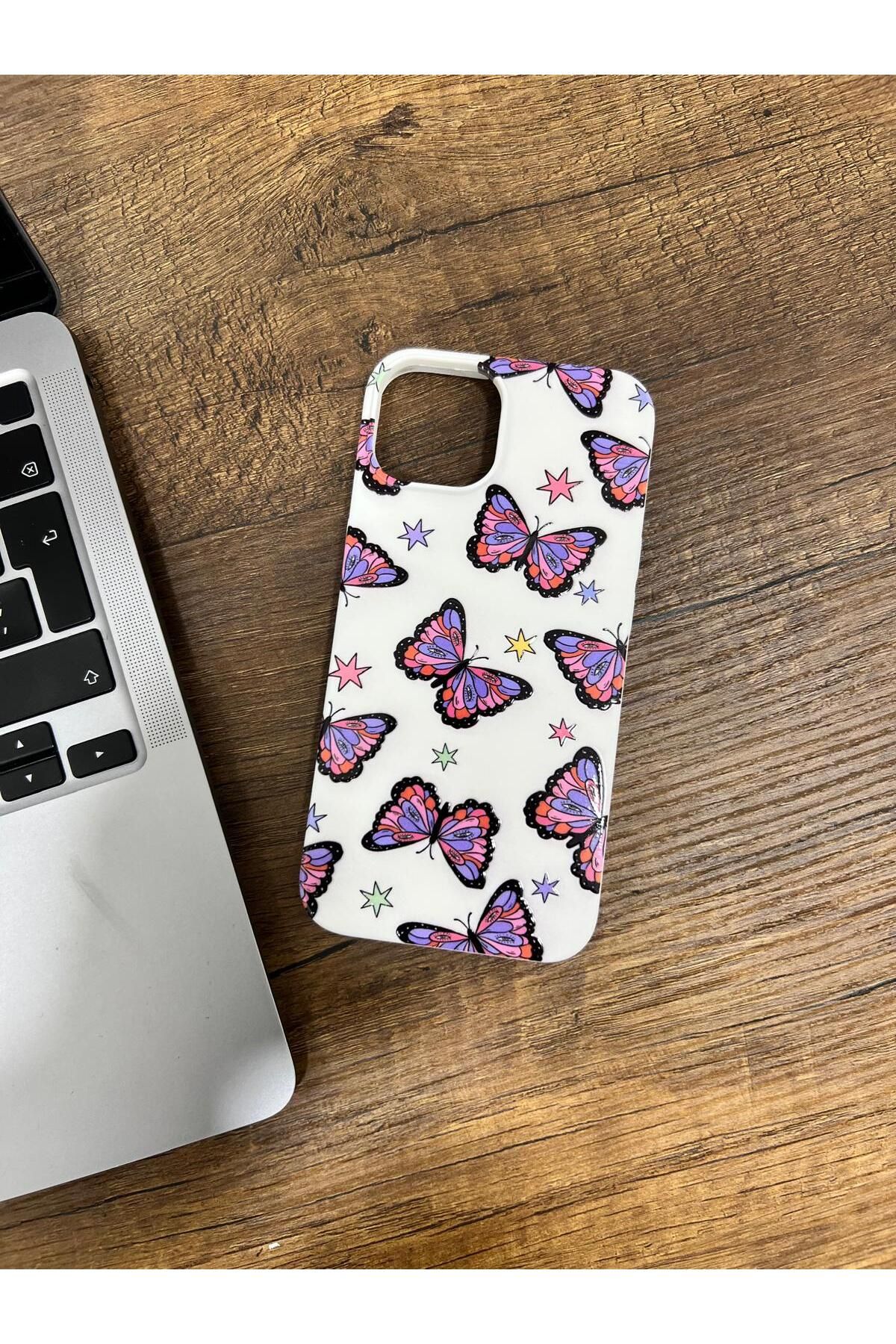 HZR Iphone 15 Beyaz Kelebek Desenli Silikon Kılıf