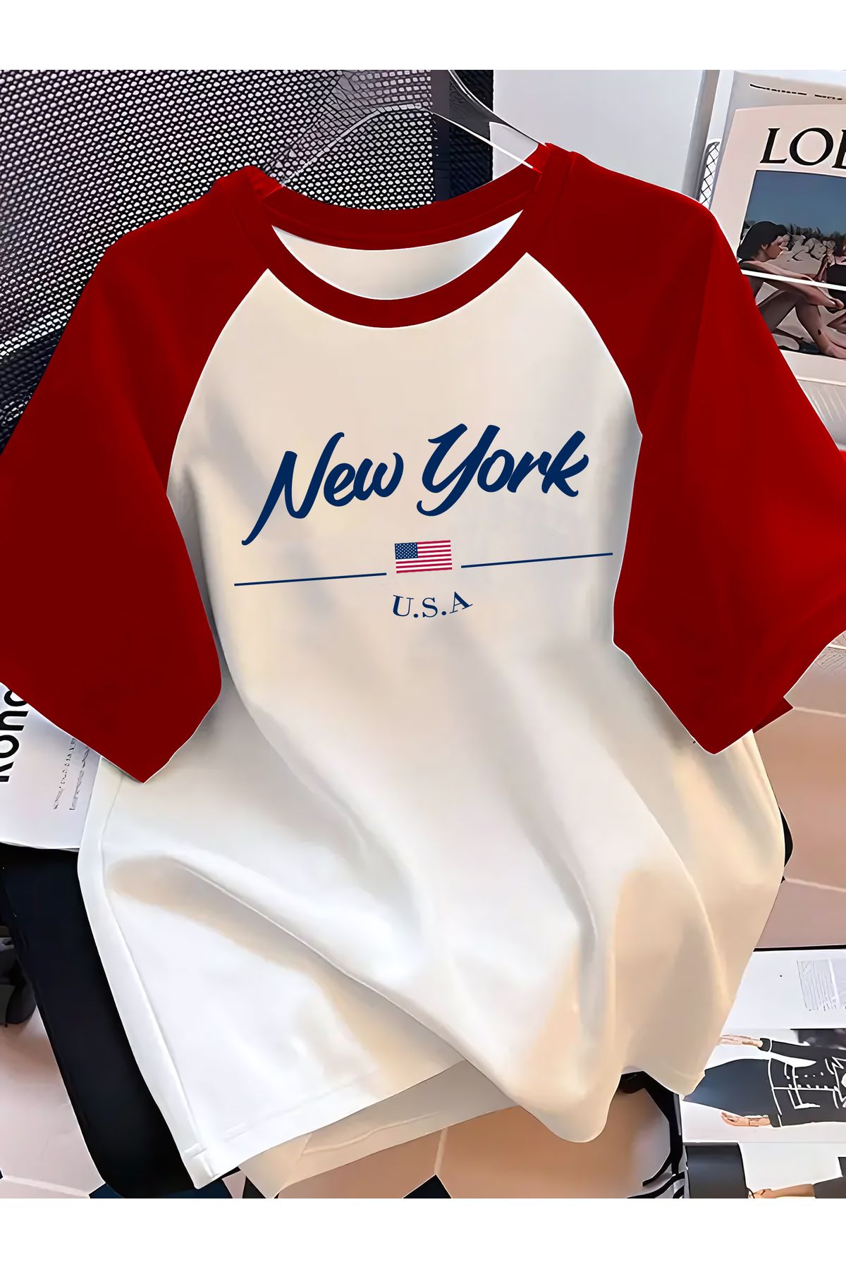 SELF CONTROL Unisex Terletmez Dayanıklı T-Shirt | New York Yazı Tasarım Baskılı Kırmızı Reglan Kol
