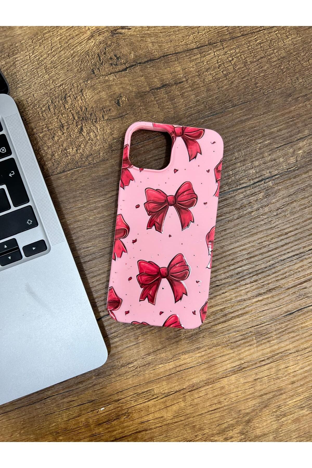 HZR Iphone 13 Pembe Büyük Kırmızı Kurdele Desenli Silikon Kılıf
