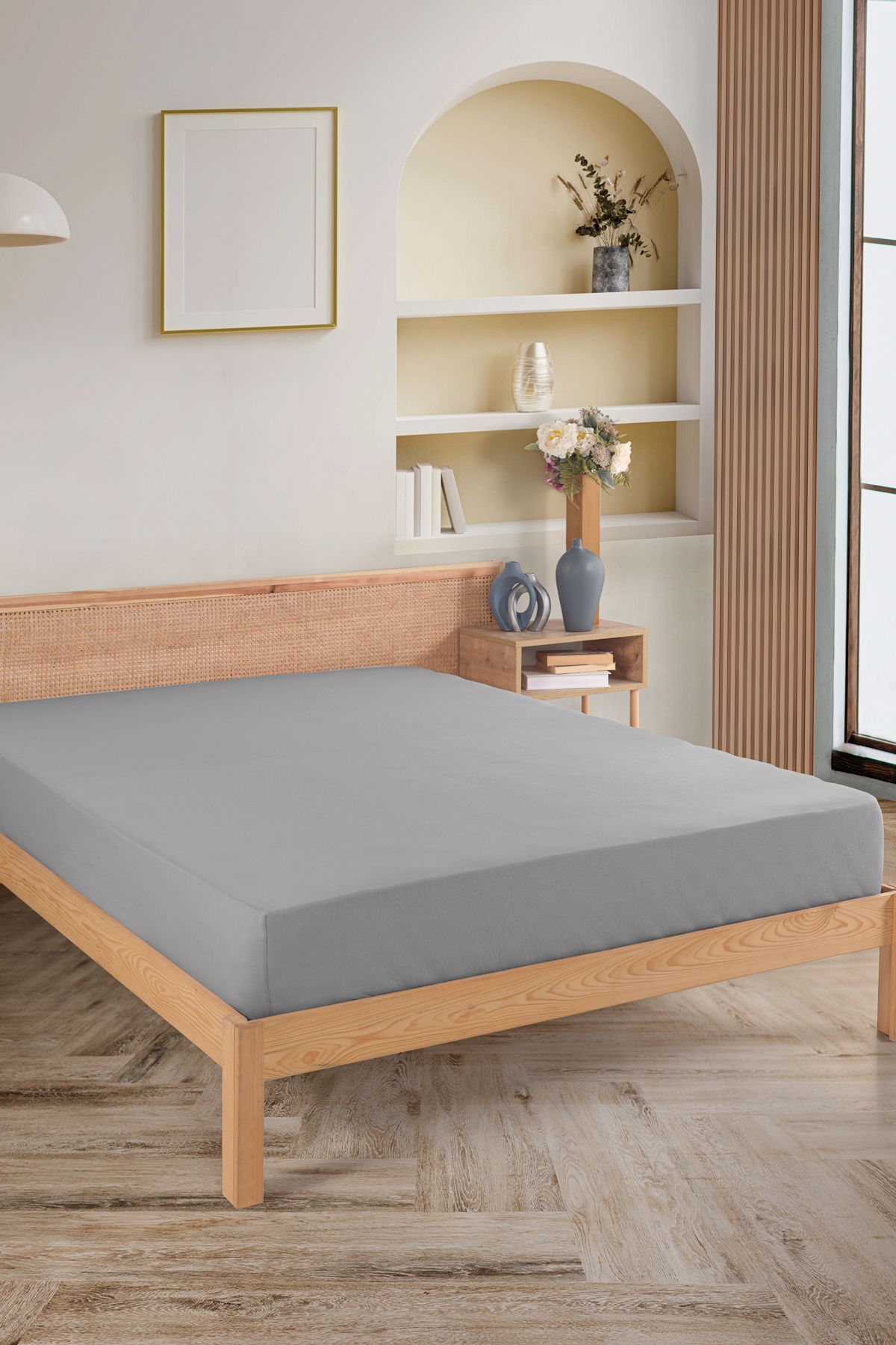 Karden Flower Premium %100 Pamuk Çift Kişilik Penye Lastikli Çarşaf - 180x200 Gri