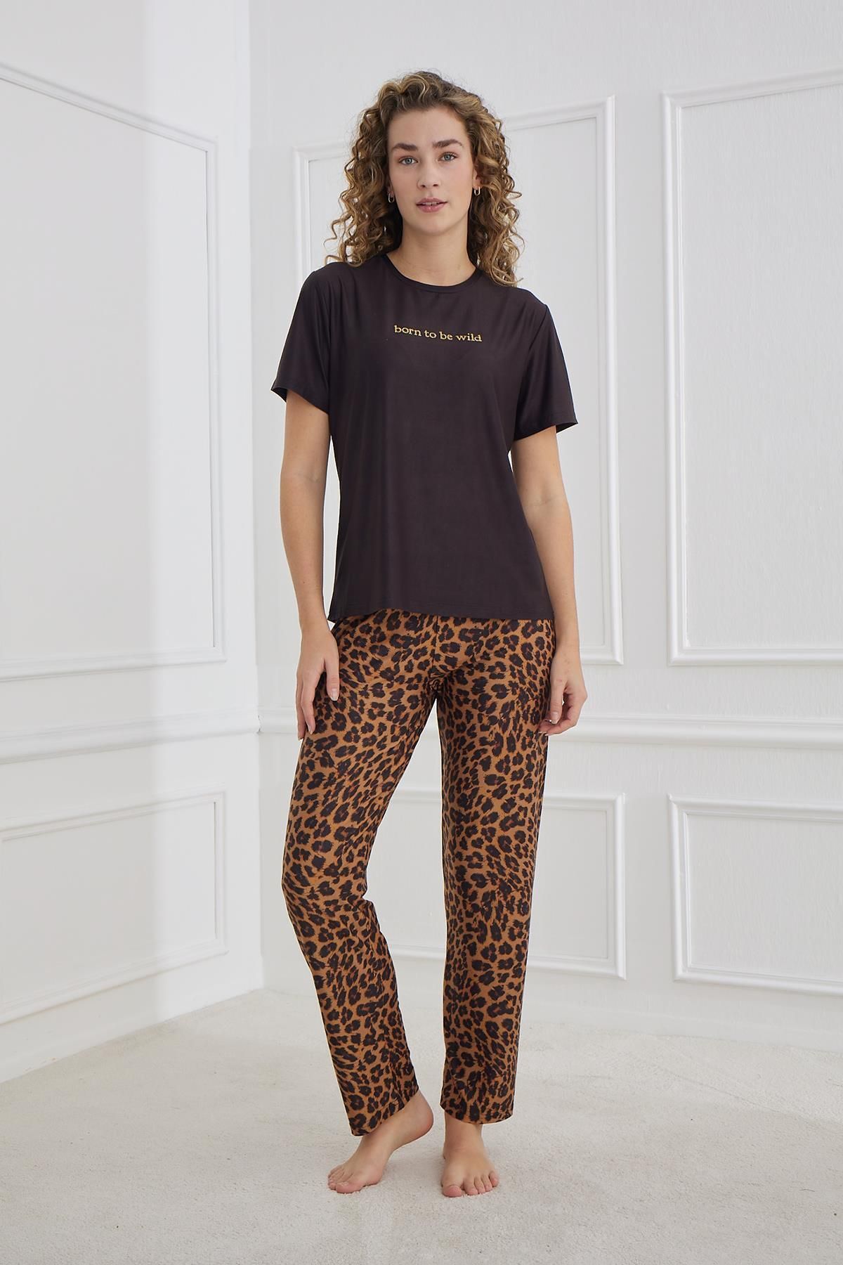 Kompedan Kadın Leopar Desenli Bisiklet Yaka Pijama Takım | Siyah 30102-1287