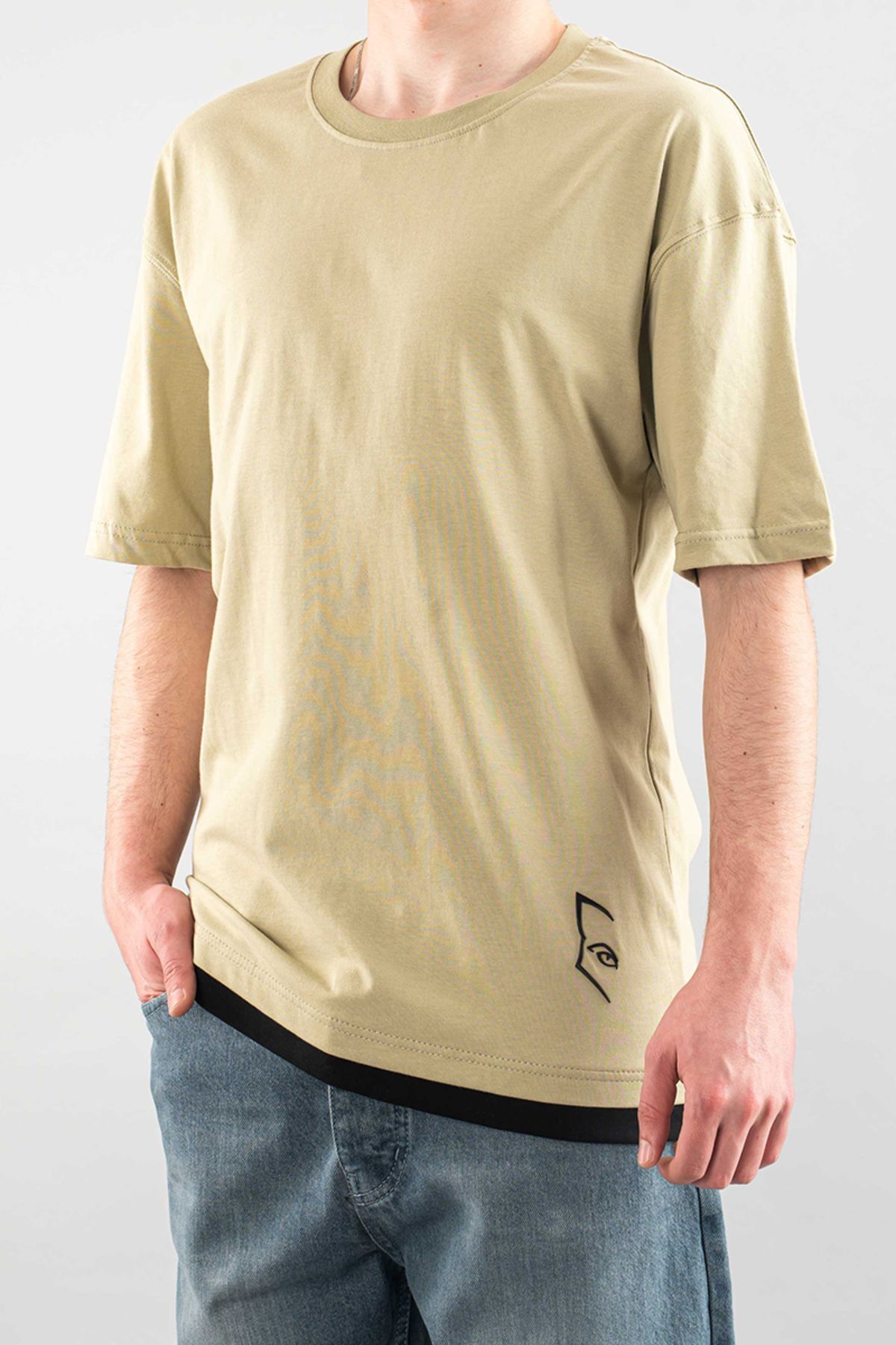 bombe Erkek Özel Bisiklet Yaka Tişört Basic Yarı Owersize Düz Baskılı T-Shirt