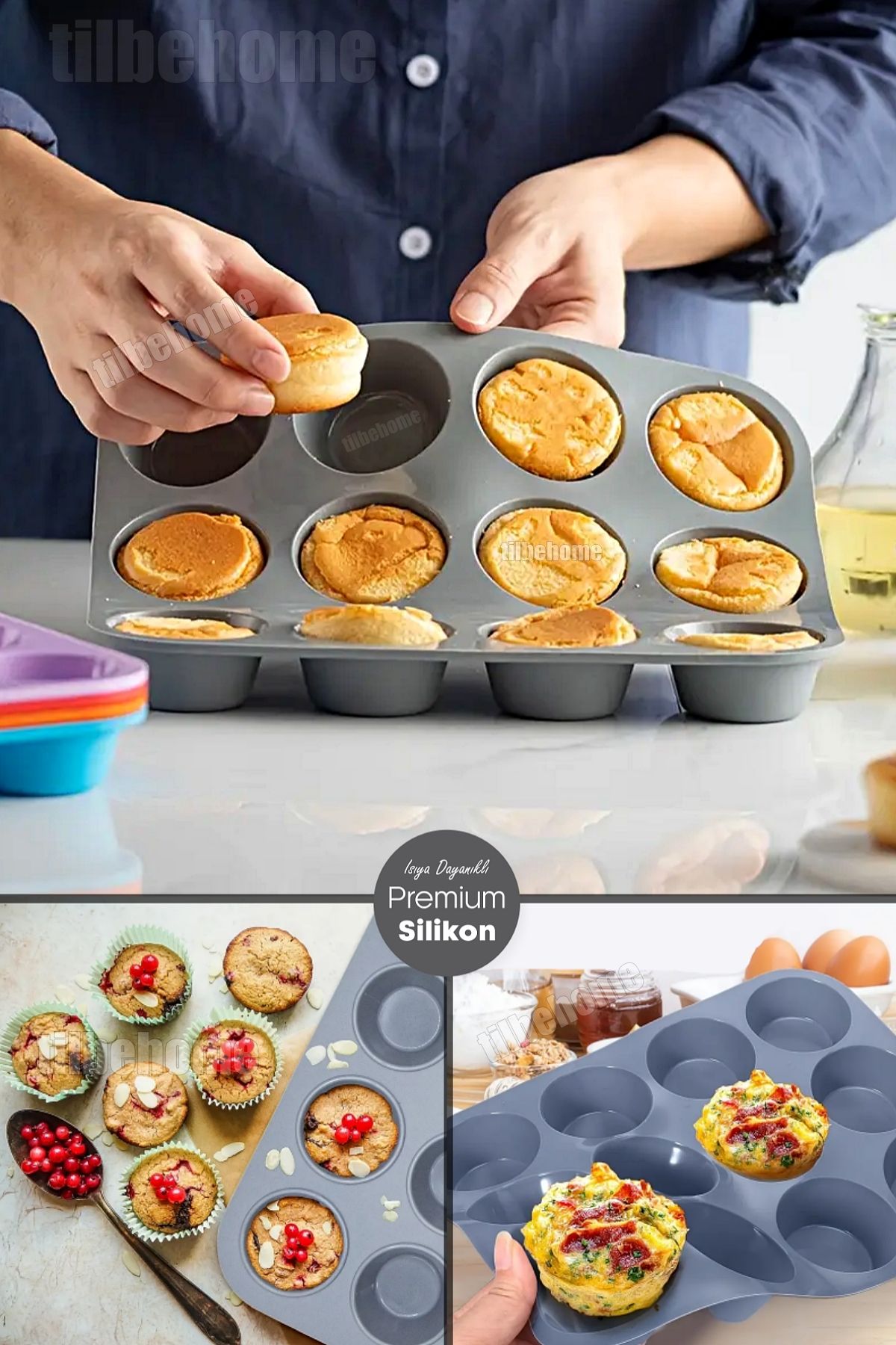 Tilbe Home 12'li Silikon Muffin Kalıbı Kurabiye Tatlı Cupcake Kek Kalıbı Yapışmaz Gıdaya Uygun Pişirme Kapsülü