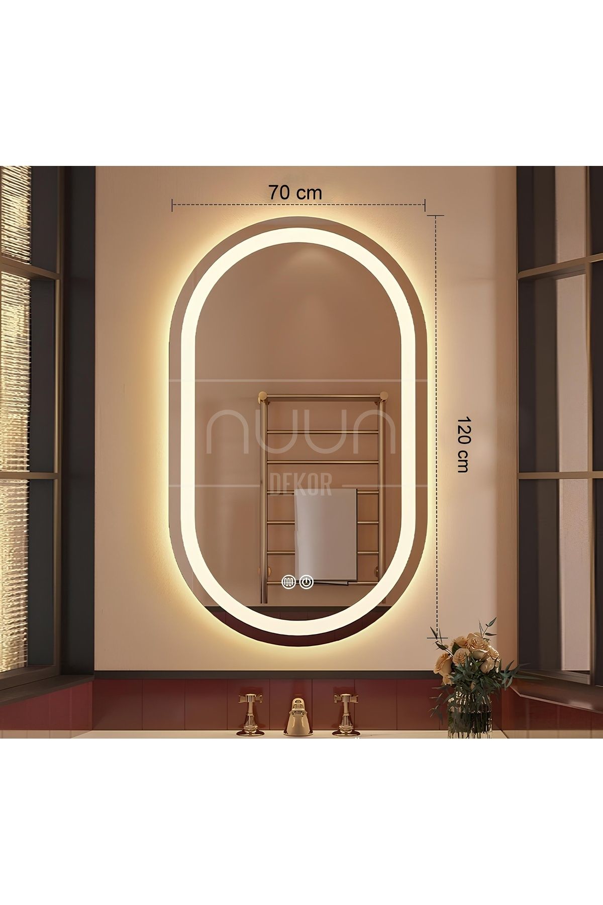 NUUN DEKOR 120x70 Gün Işığı Led'li Oval Akıllı Banyo Aynası | Buğu Çözücülü, Kumlamalı, Hafızalı Dimmerli