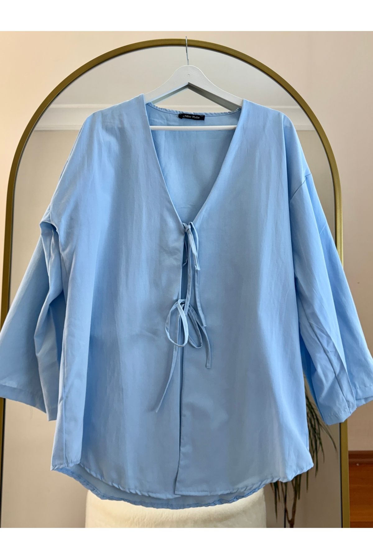 Bahar Altundemir Kadın Önü Bağlamalı Mavi Kimono Poplin Tunik Gömlek Tesettür Kimono Gömlek