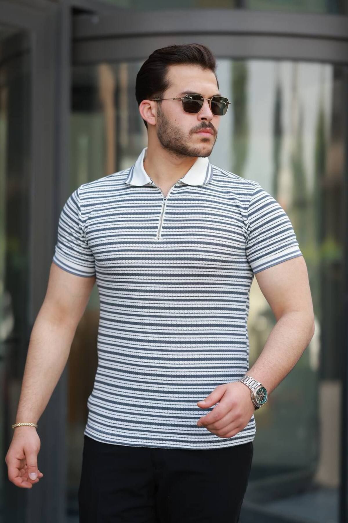 ROBERTO BORNOVA Gofre Örmeli Çizgili Polo Yaka Yarım Fermuarlı Tshirt