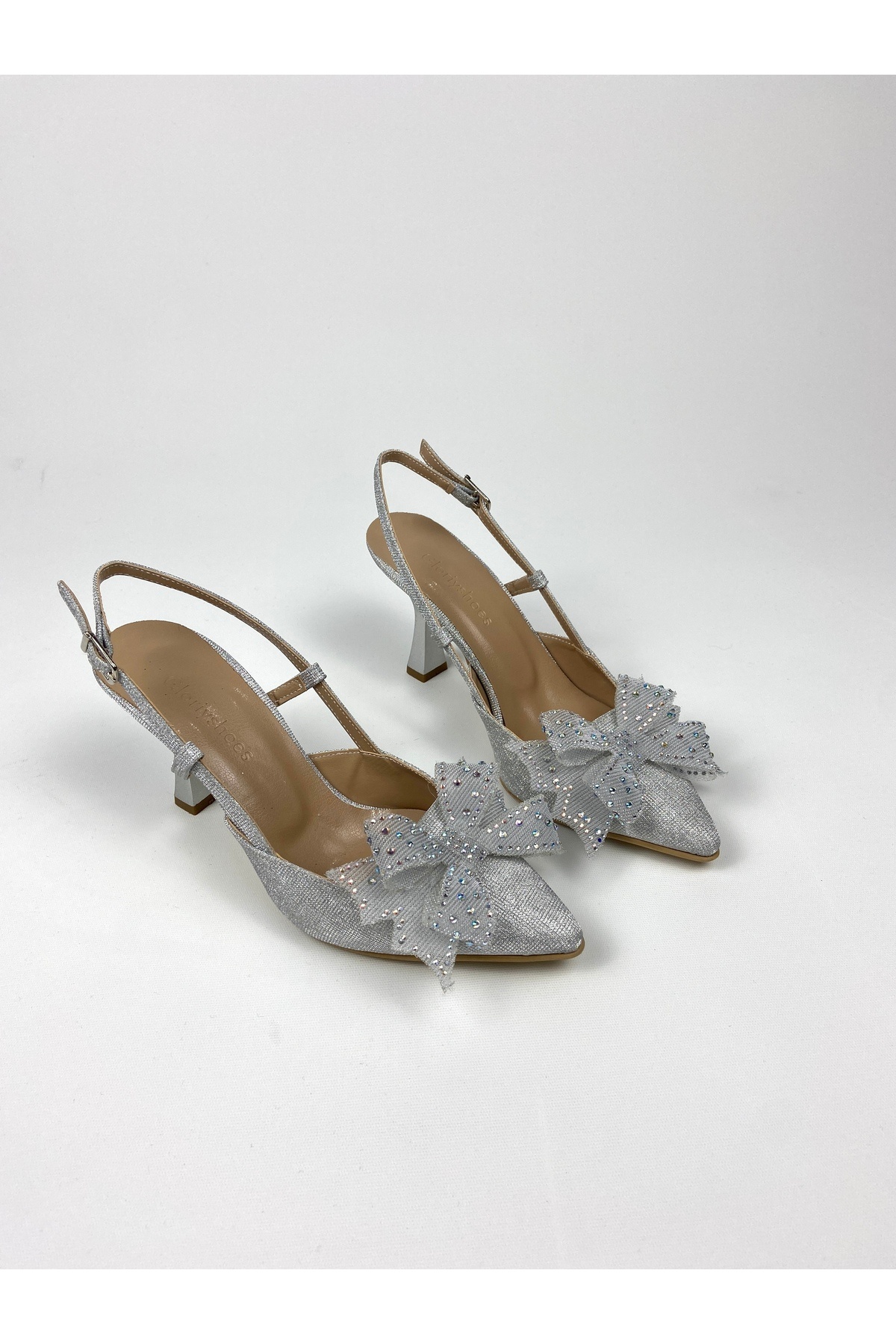 Gloriys Ayakkabı & Çanta-Silver Glitter Bow 9 cm High Heel Shoes 01483 4