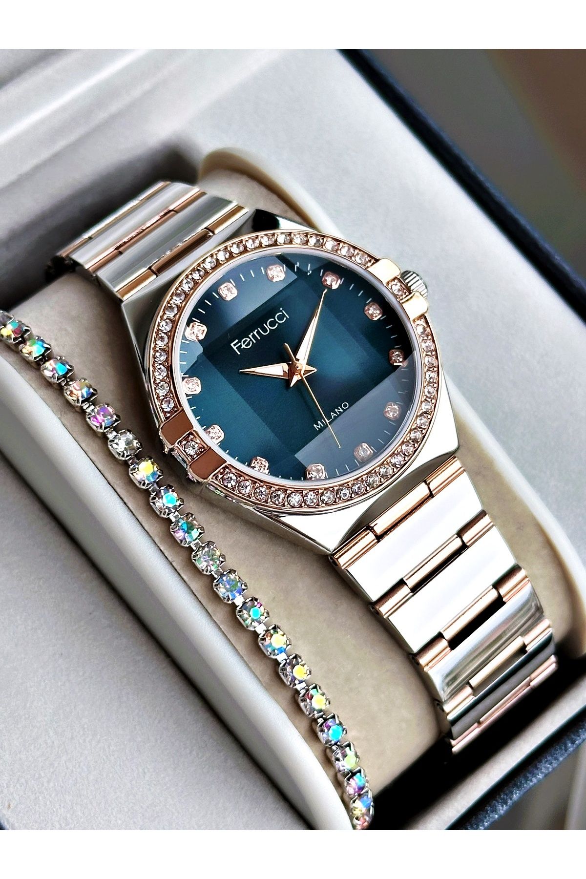 Ferrucci Rose Gold Gümüş Mavi Kadran Renk Aynalı Model Taşlı Model Kadın Kol Saati + BİLEKLİK