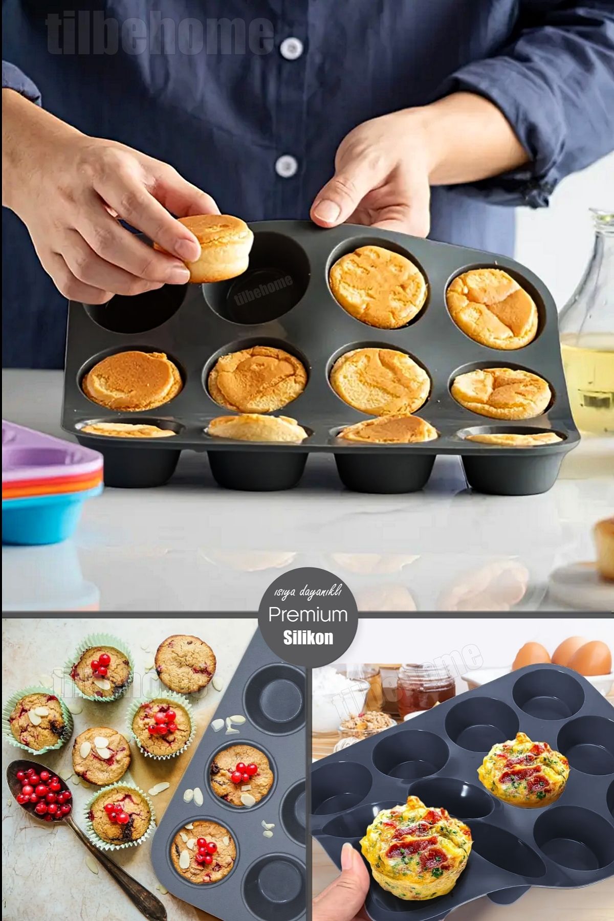 Tilbe Home 12'li Silikon Muffin Kalıbı Kurabiye Tatlı Kalıbı Yapışmaz Gıdaya Uygun Pişirme Cupcake Kek Kapsülü