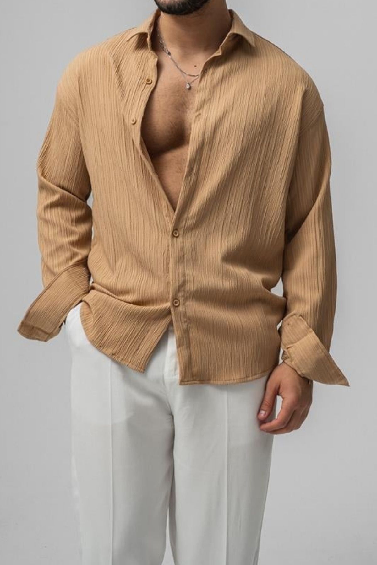 COOL TARZ Erkek Vizon Embossed Oversize Gömlek