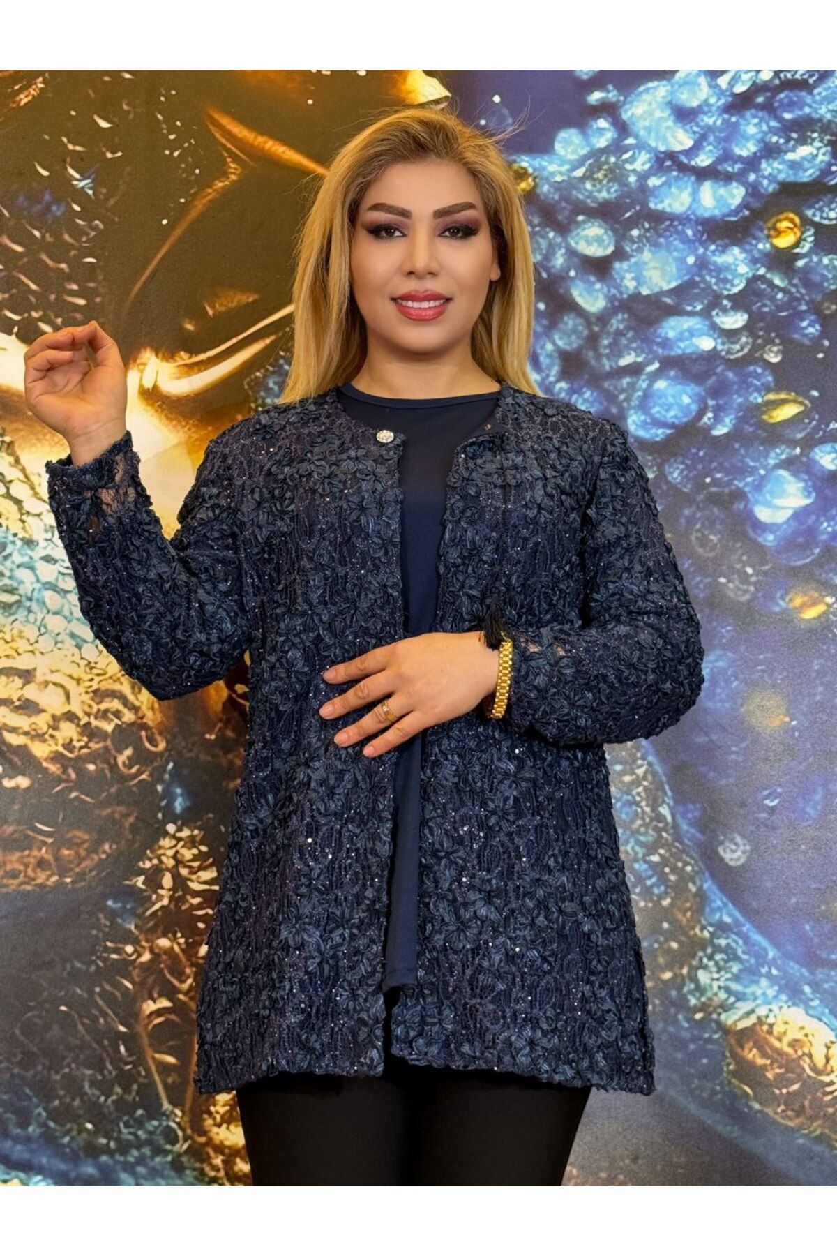 Yeşilmoda Takım Dantel Ve Rayon Abiye Standart Beden Üst Ve Alt Tek Renkli Lacivert Uzun Kollu