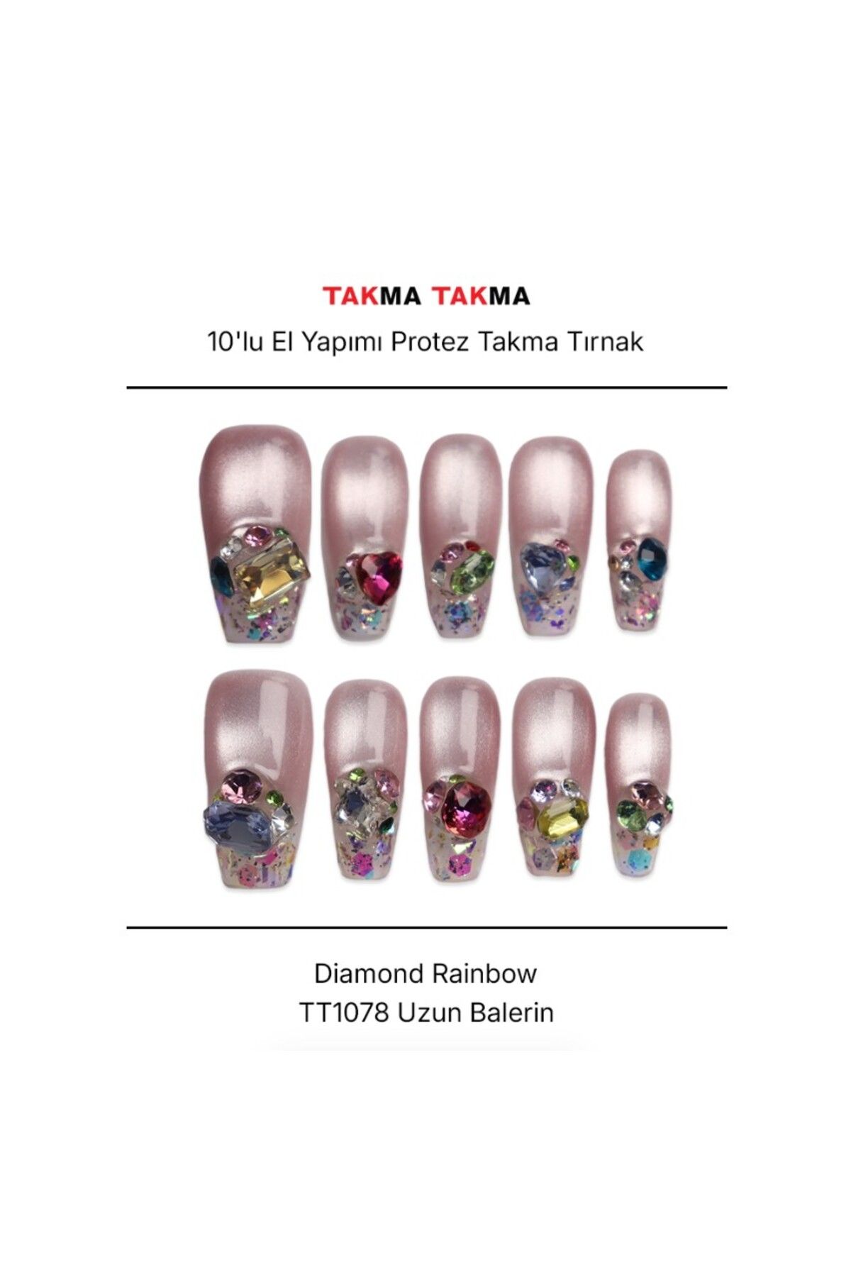 Takma Takma Tekrar Kullanılabilir El Yapımı Protez Takma Tırnak Diamond Rainbow - 10'lu - TT1078 M-Ten Rengi