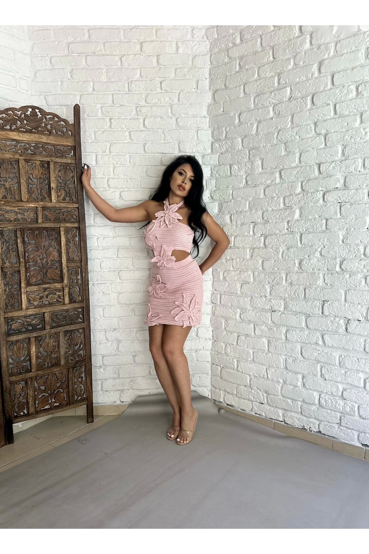 moneta boutique Kadın Çiçek Aplike Detaylı Triko Özel Tasarım Elbise
