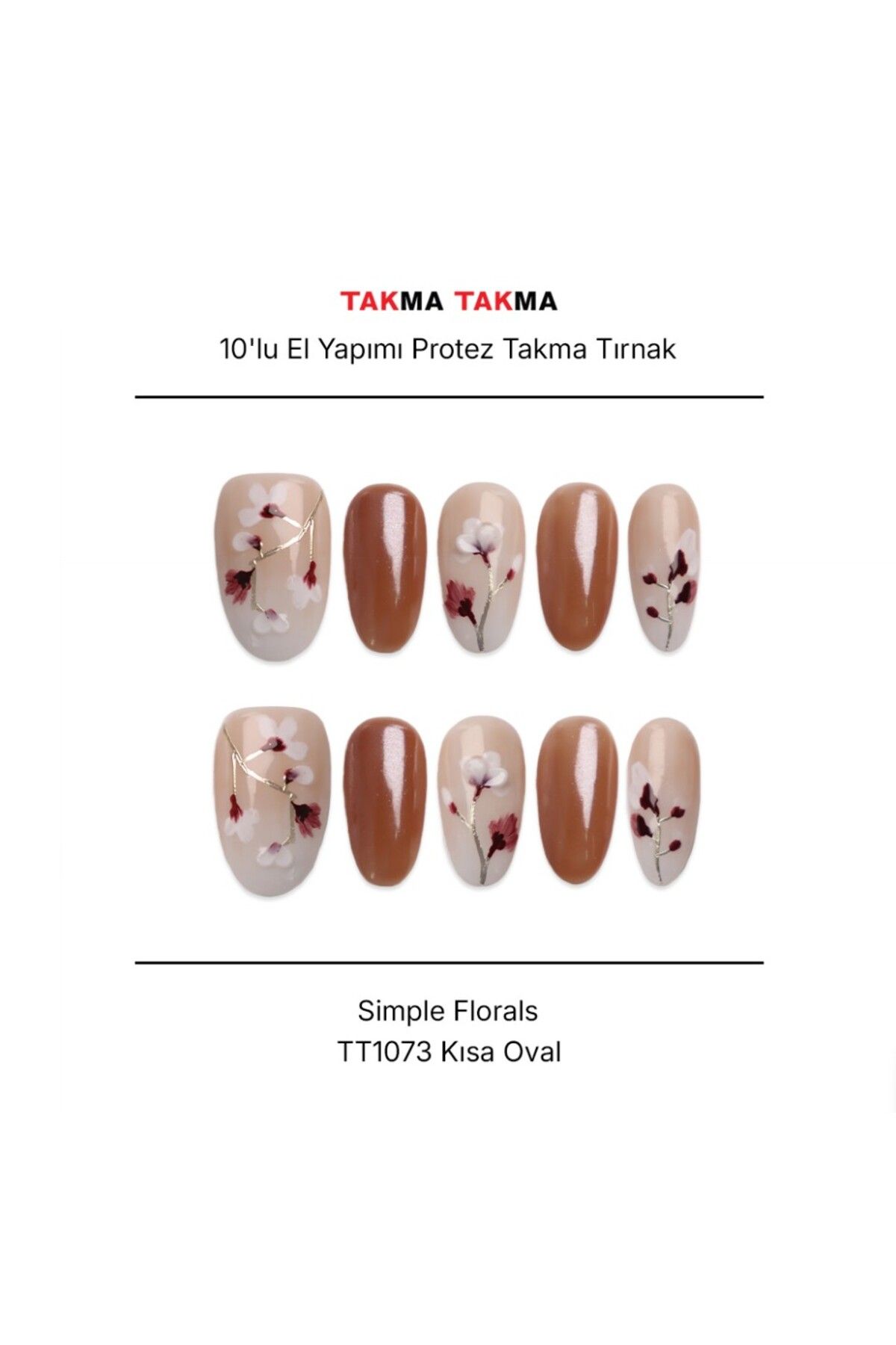 Takma Takma Tekrar Kullanılabilir El Yapımı Protez Takma Tırnak Simple Florals - 10'lu - TT1073 M-Ten Rengi