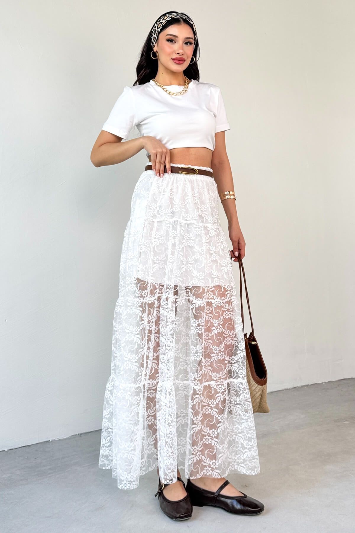 Cappmoda ETK-02336 Beyaz Astar Detaylı Çiçek Desenli Tül Katlı Yazlık Etek