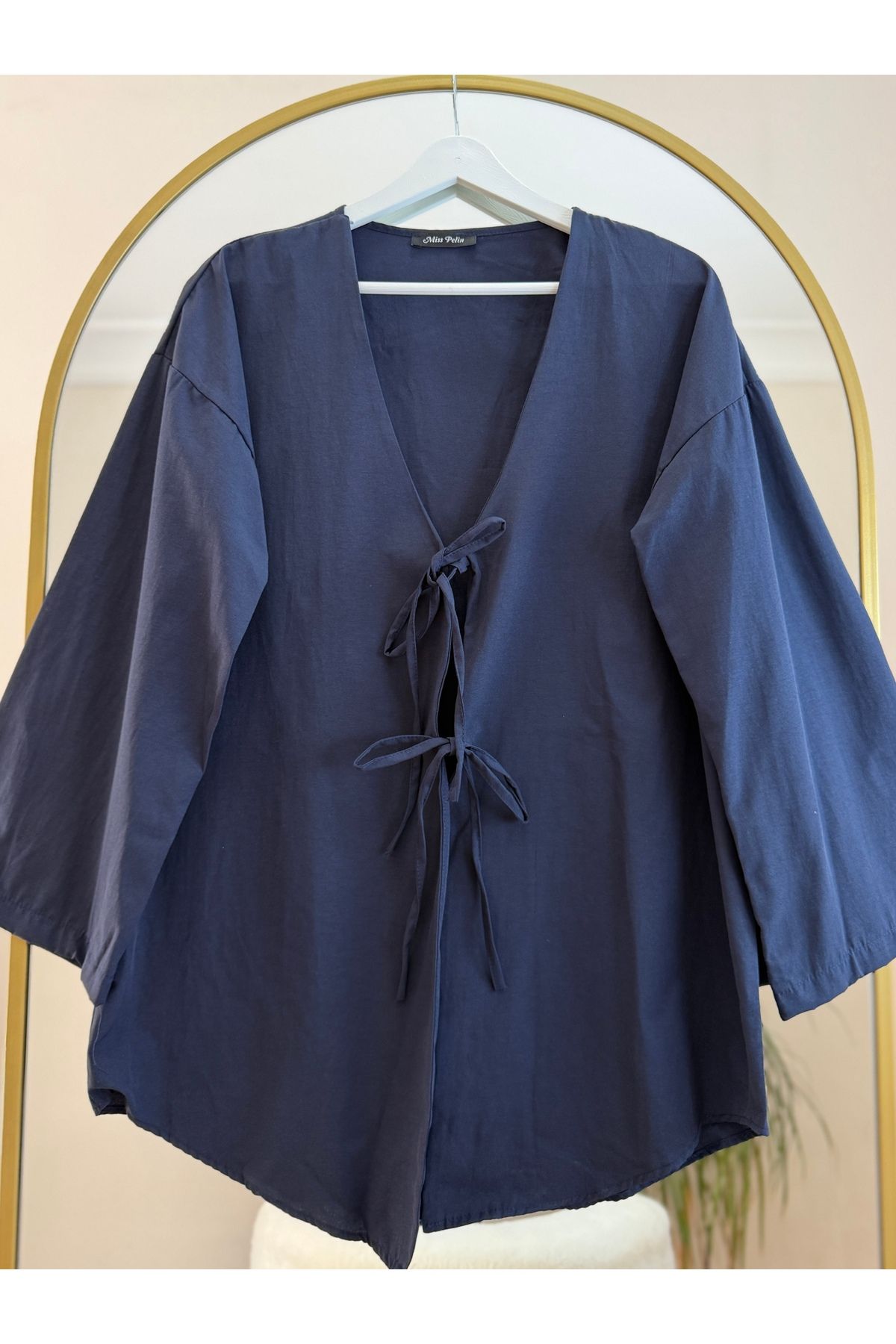 Bahar Altundemir Kadın Önü Bağlamalı Kimono Poplin Tunik Gömlek Tesettür Kimono Gömlek