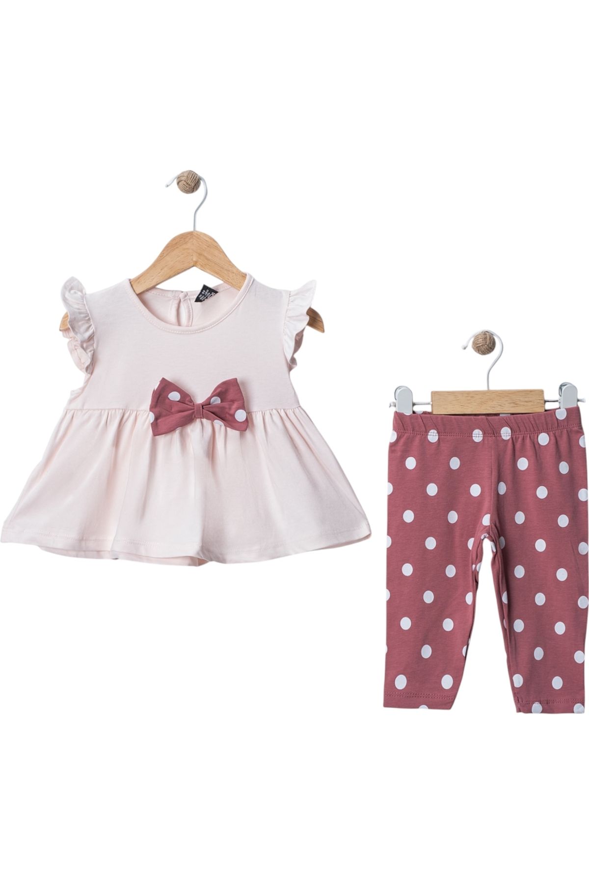 Nimini Kids Yazlık Fiyonk Ve Fırfır Detaylı Puantiyeli Kız Bebek T-Shirt Kapri TaytlıTakım (6-18 ay arası)