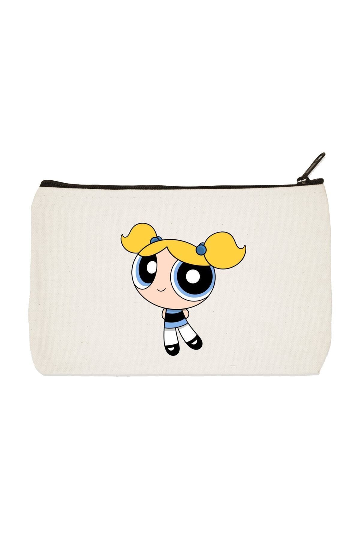 BİBANAPROMOSYON Clutch Powerpuff Girls Bubbles Baskılı Bez Makyaj Çantası, Kalemlik, El Çantası
