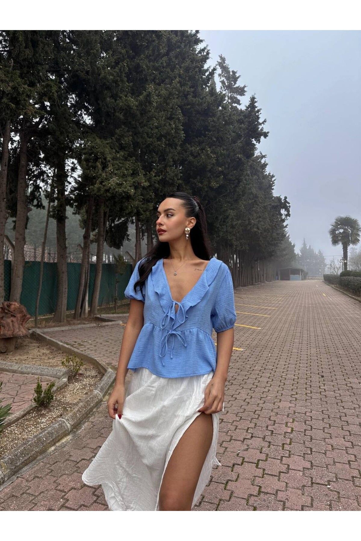 Pulli Collection Volan Detaylı Mavi Yazlık Bluz