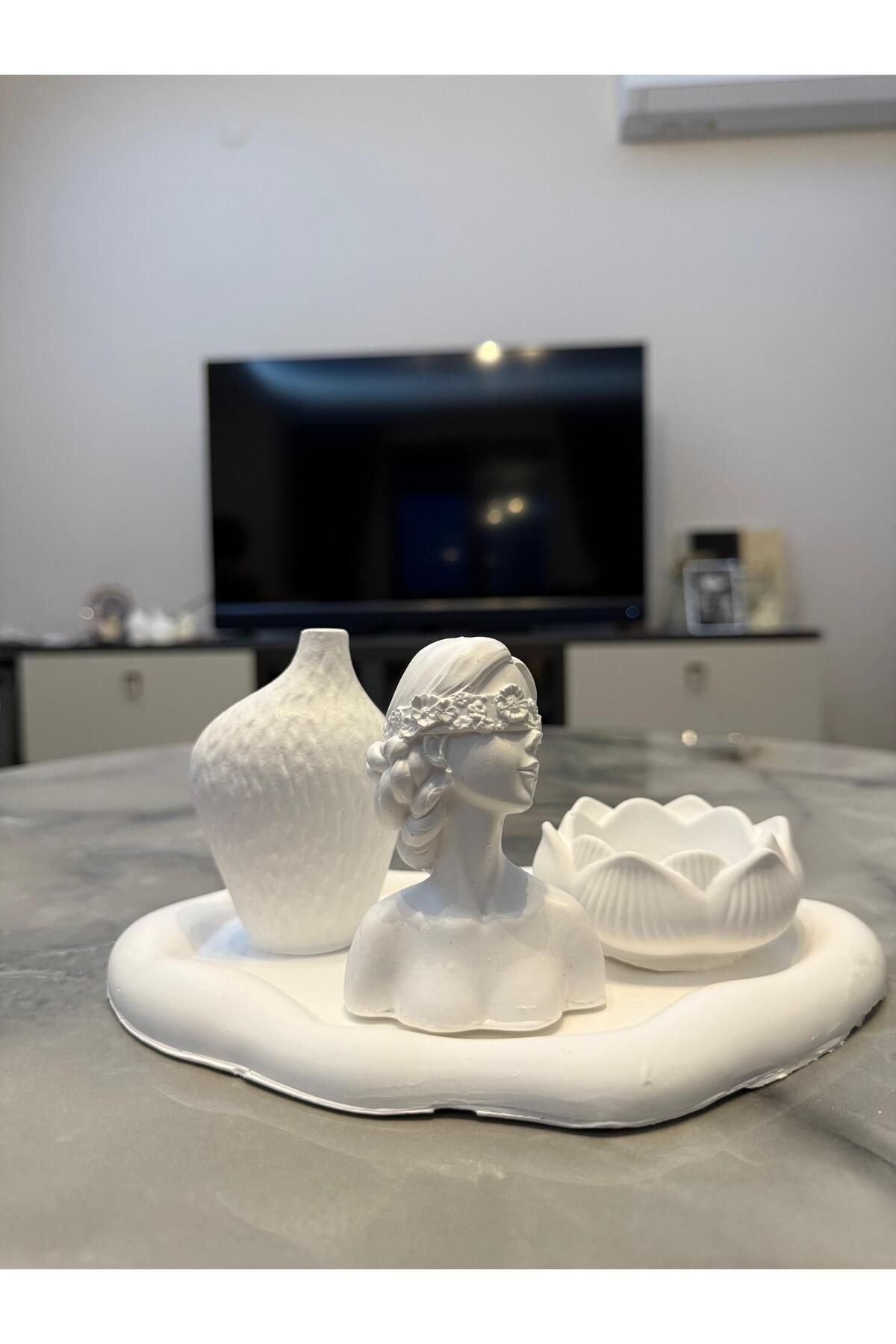 Aysili Dekorasyon Taş Tozu Vazo Lotus Mumluk Dekoratif Set