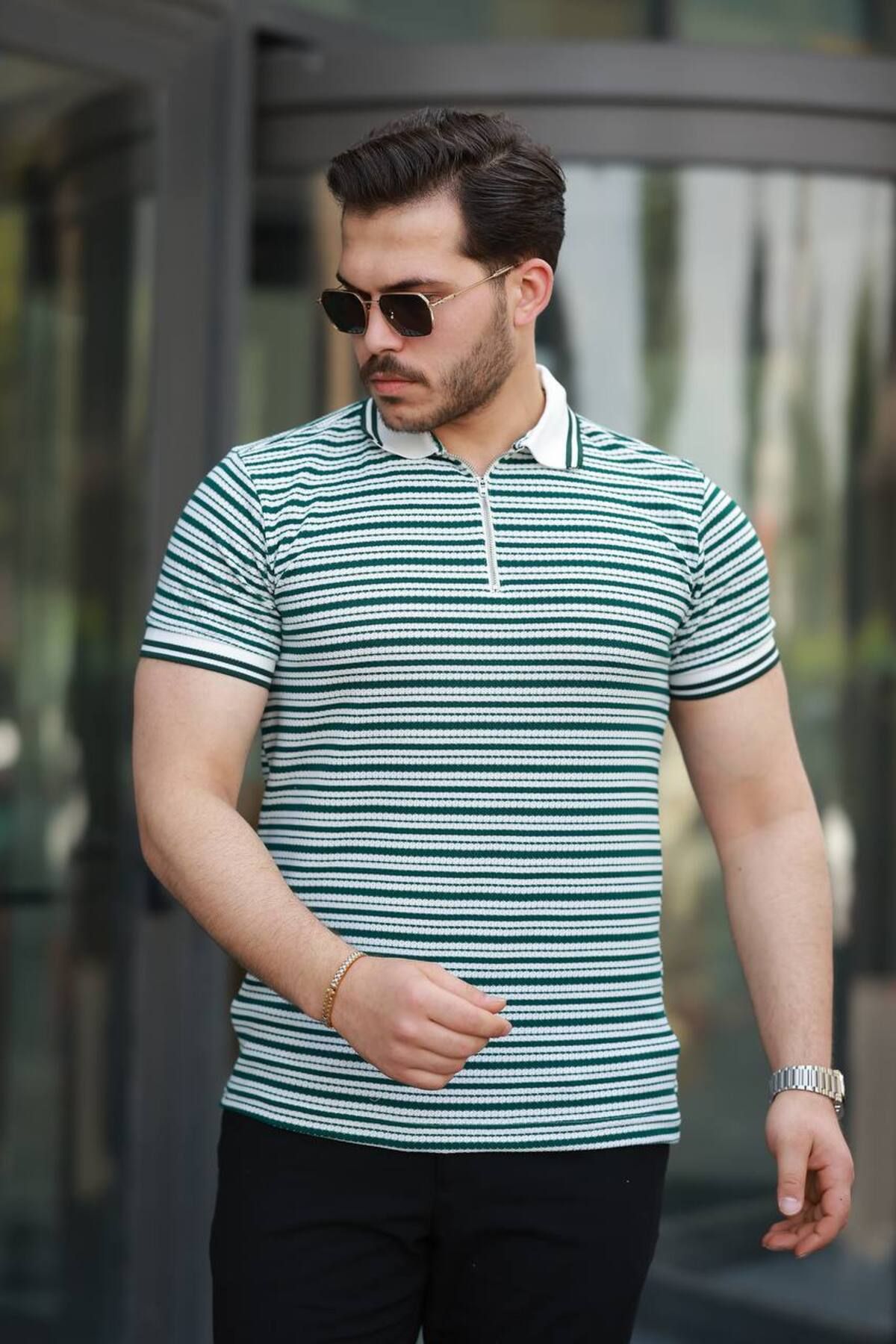 ROBERTO BORNOVA Gofre Örmeli Çizgili Polo Yaka Yarım Fermuarlı Tshirt