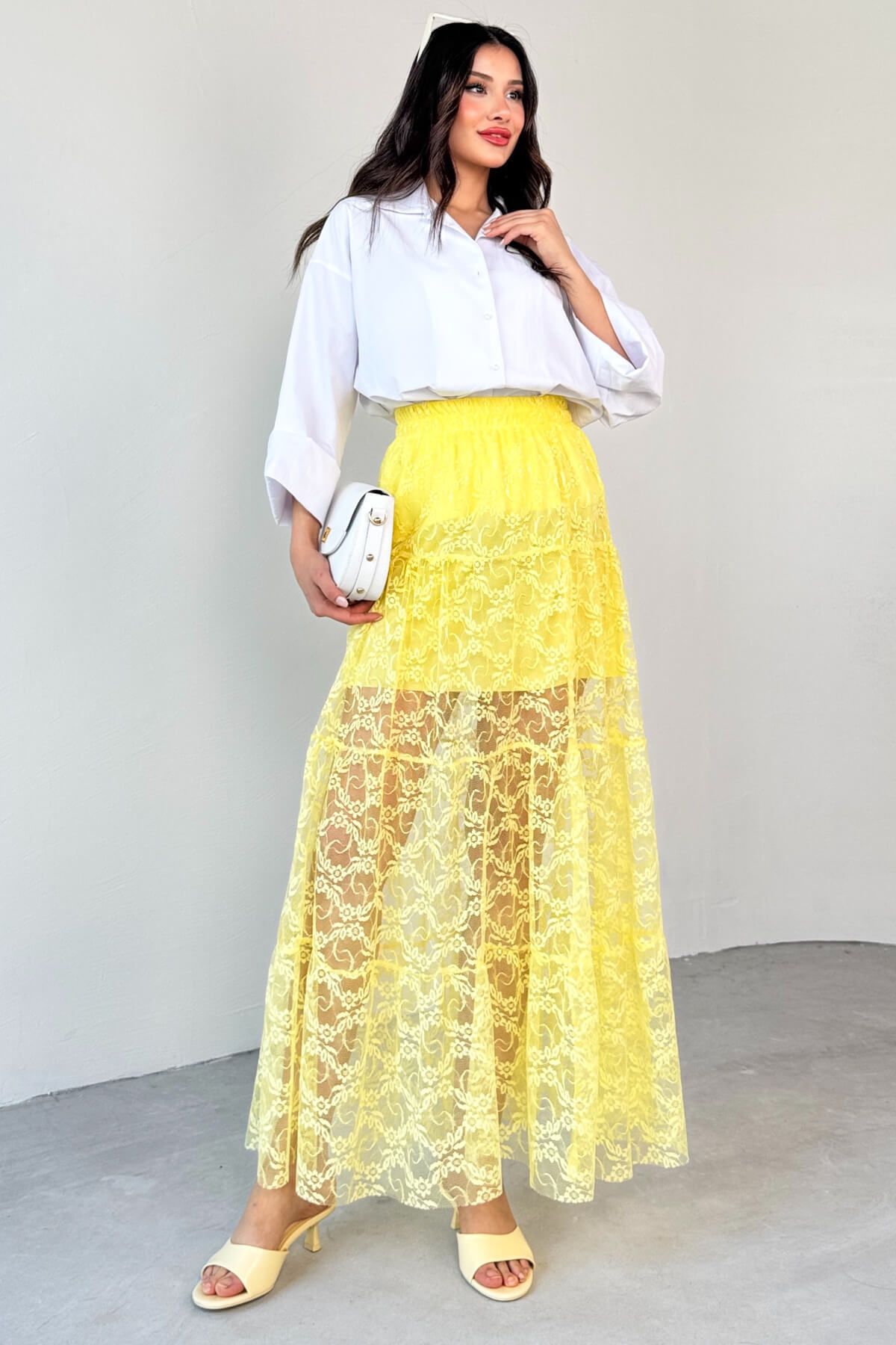 Cappmoda ETK-02336 Sarı Astar Detaylı Çiçek Desenli Tül Katlı Yazlık Etek