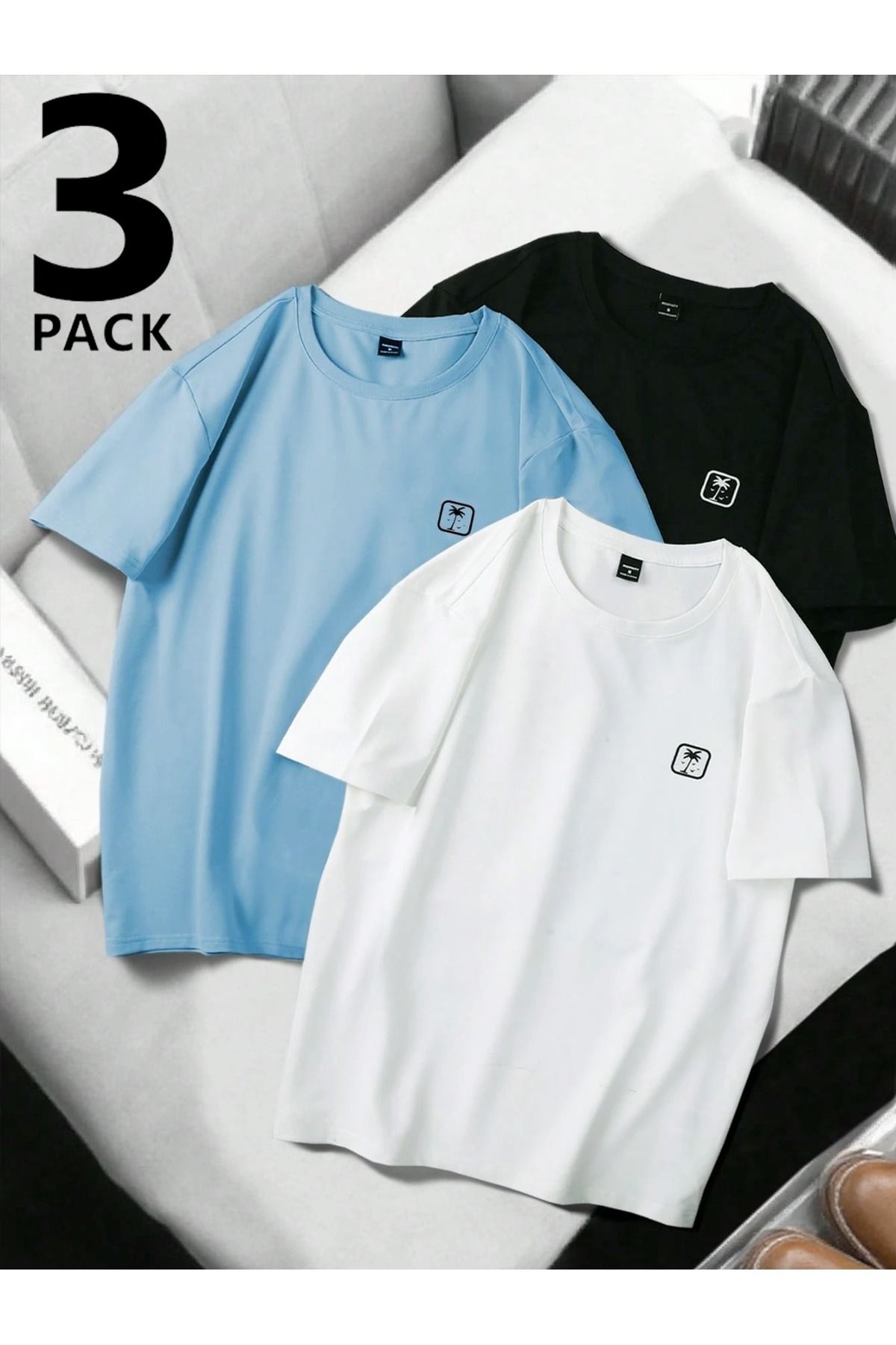 PAVRO Unisex Tshrt Pavro rahatkesim palmiye baskılıçoklu renkli 3lü seri tshrt