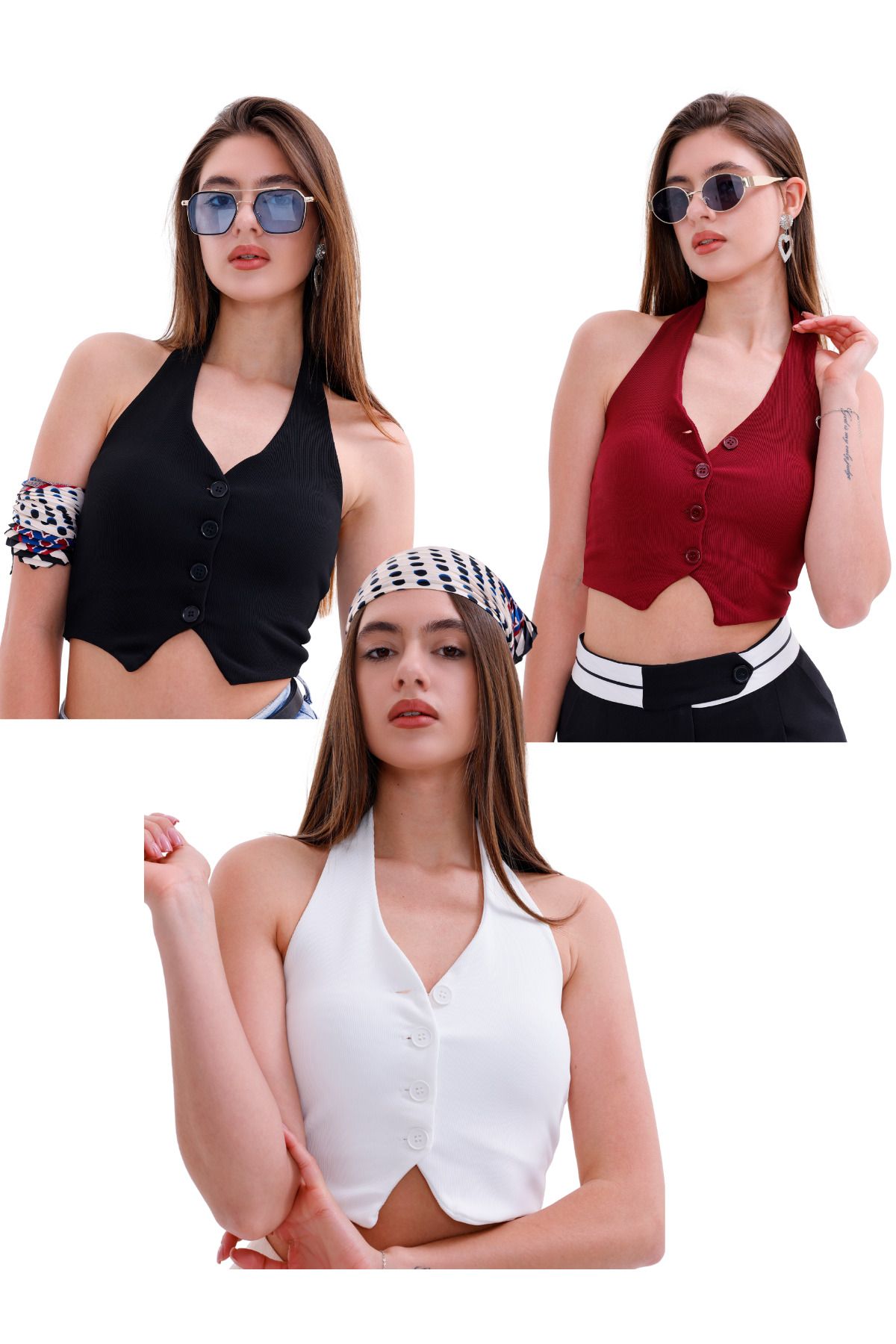 Sarte Royal Boyundan Askılı Crop Yelek 3'lü Set