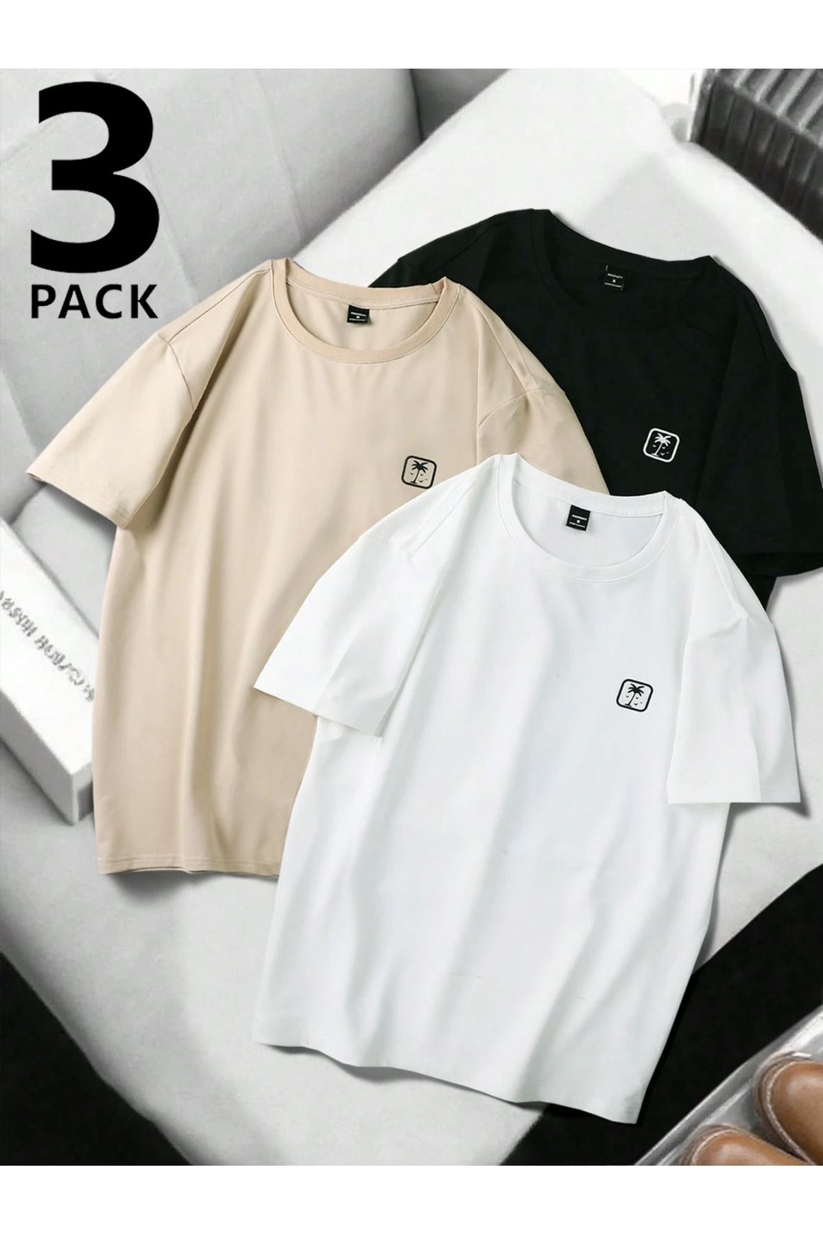PAVRO Unisex Tshrt Pavro rahatkesim palmiye baskılıçoklu renkli 3lü seri tshrt