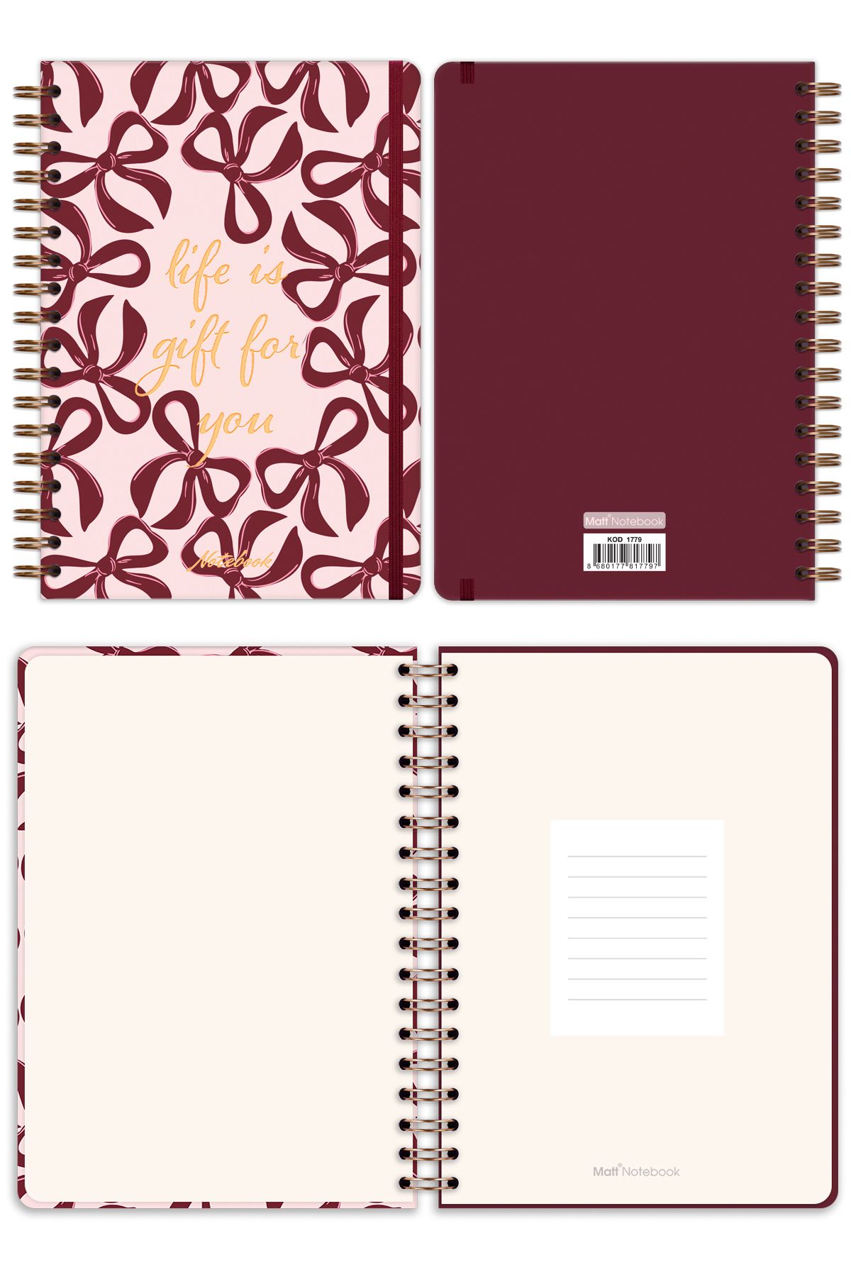 Matt Notebook-B5 17X24 cm Spiral Elastic Plain Without Line Undated Notepad Bows 6