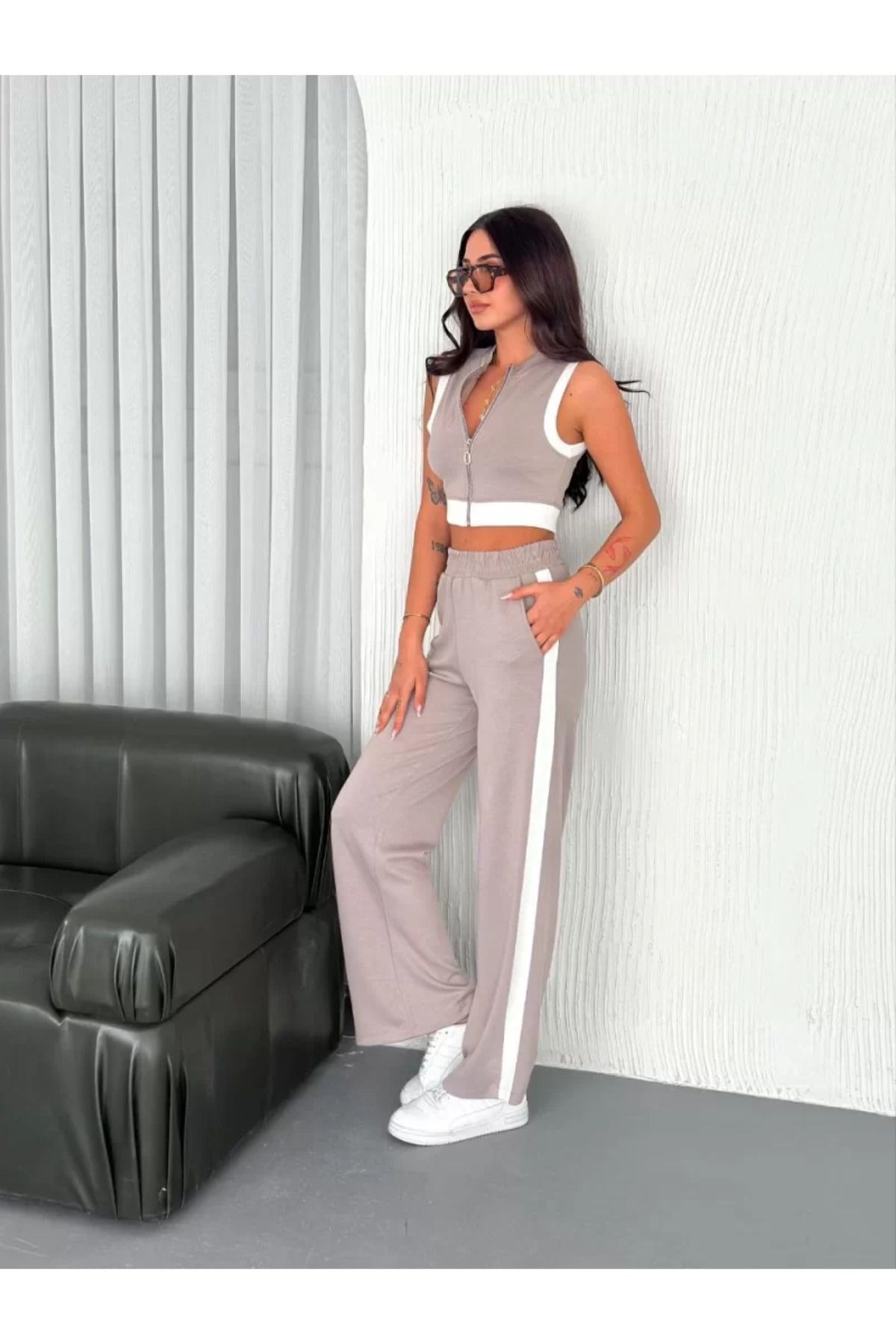 Flaubert Yumuşak Dokulu Kumaş Tam Fermuarlı Crop Pantalon İkili Takım - Antrasit