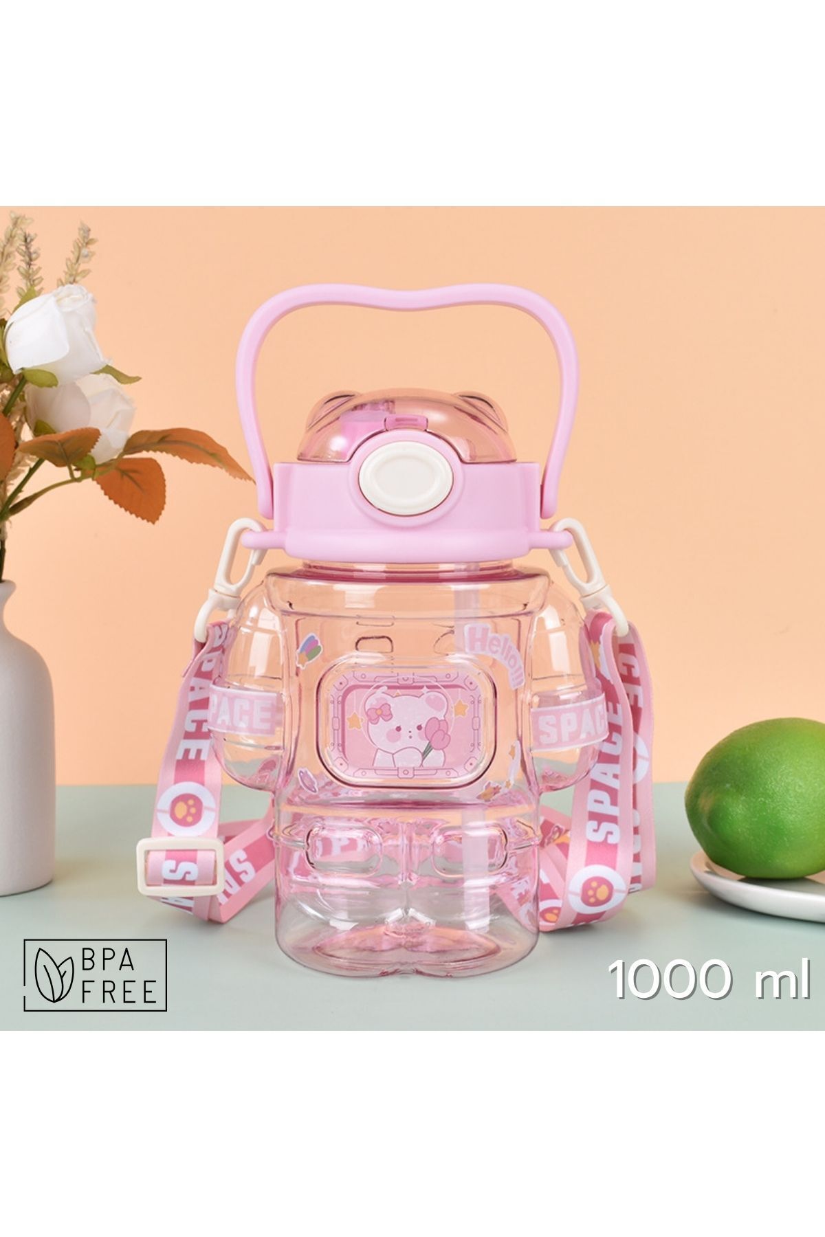 ARVALE Astronot Figürlü 1 Litre Matara | Pipetli ve Geniş Ağızlı | Boyun Askılı | BPA Free