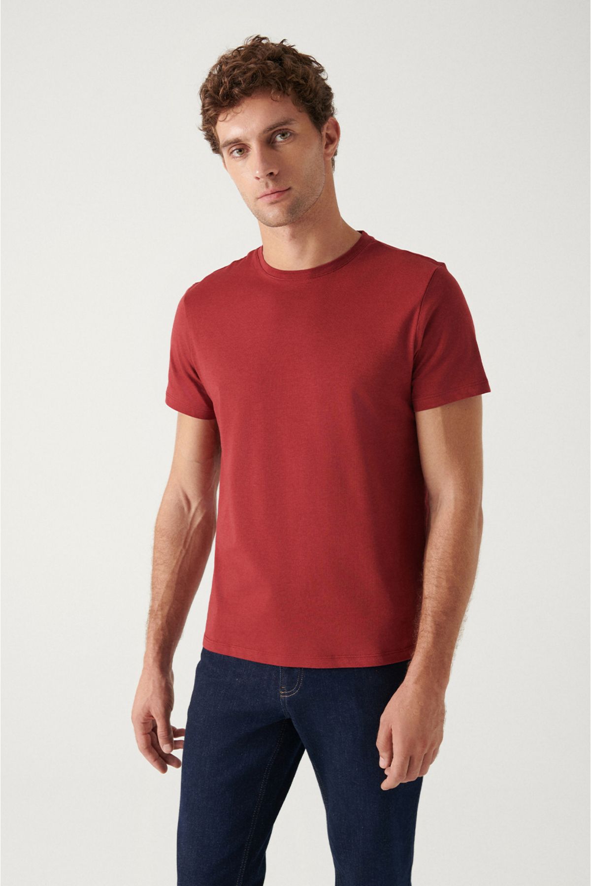 Avva-Men's Khaki-Burgundy-Navy 3-Piece 100% Cotton Crew Neck T-Shirt E 001010 3