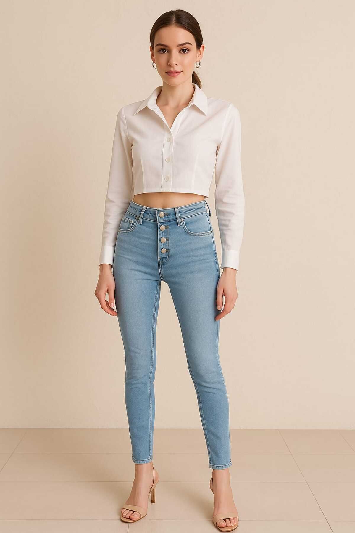 gigigiyim Yüksel Bel Dar Paça Kadın Skinny Jean Buz Mavi