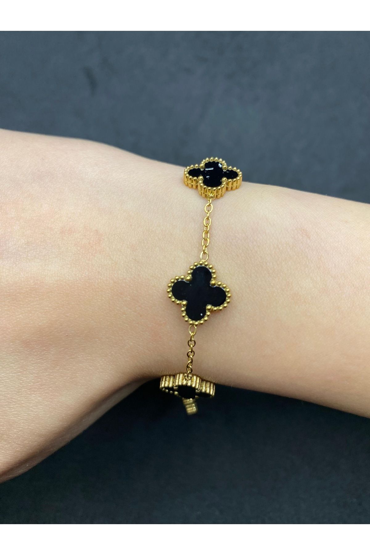 Jiji Jewelery Van Cleef Yonca Model Çift Taraflı Mineli Paslanmaz Çelik Bileklik 17 cm / ek çıkarılabilir 5 cm