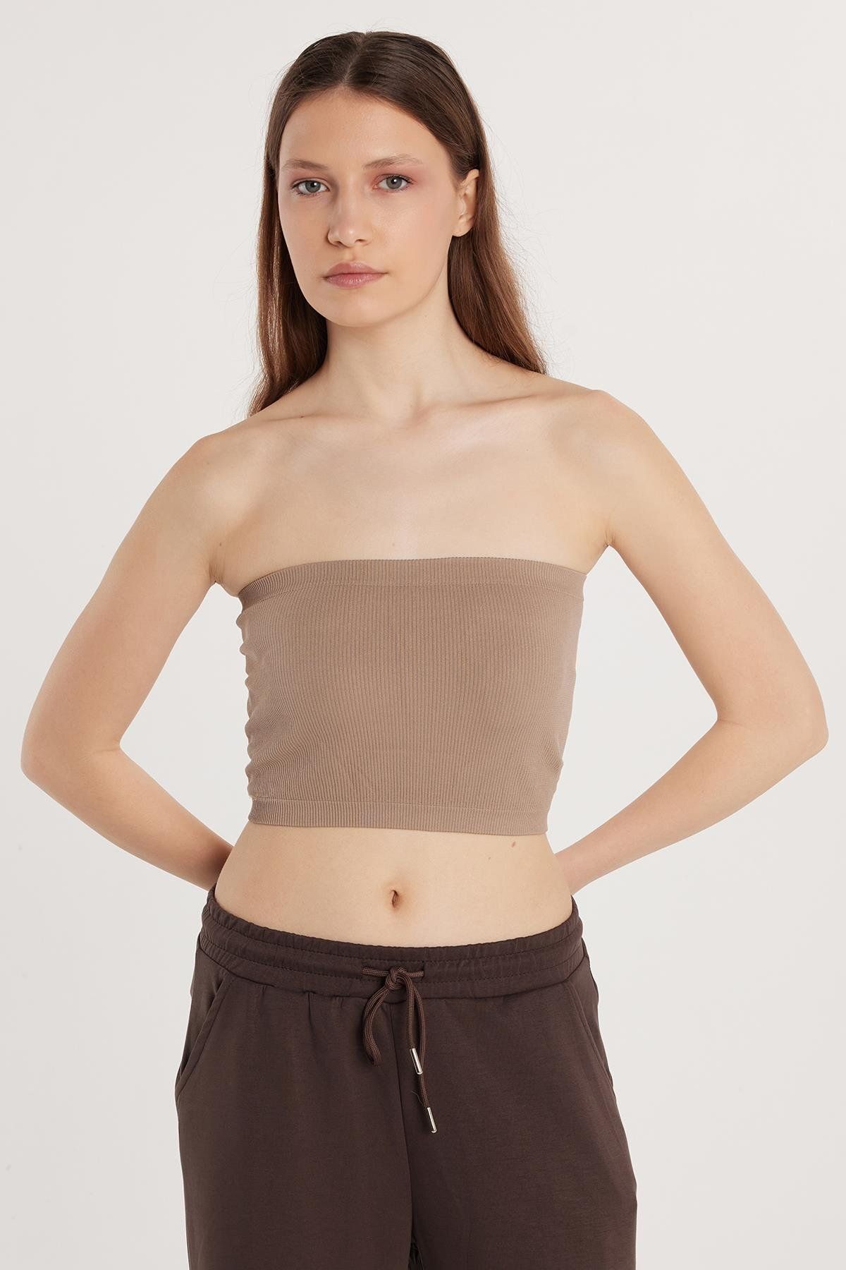 Tudors Kadın Slim Fit Dar Kesim Straplez Dikişsiz Kahverengi Crop Atlet