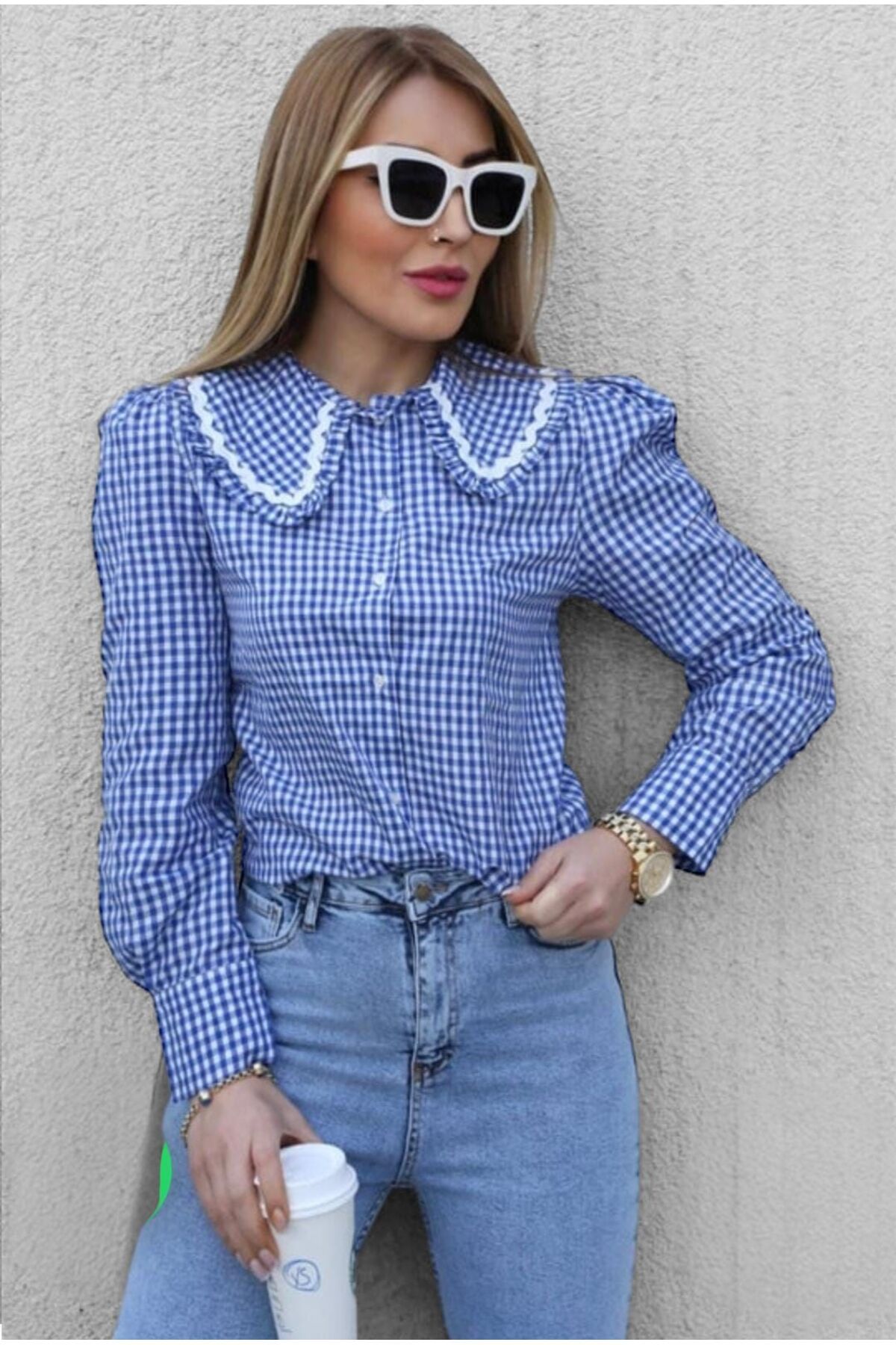 VOGUEMET ✅ Bebe Yakalı Ekose Kadın Gömlek – Şık ve Modern Tasarım