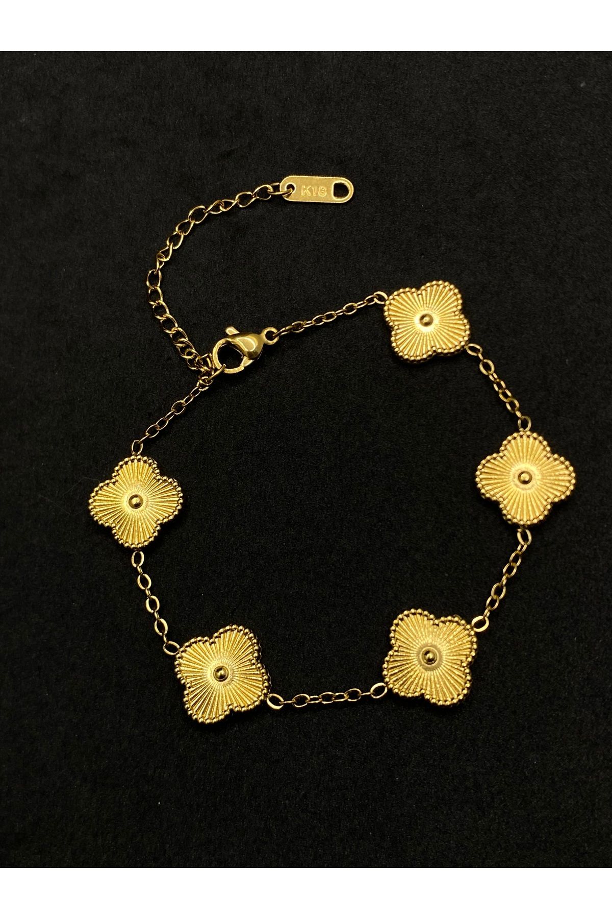 Jiji Jewelery Van Cleef Yonca Model Altın Paslanmaz Çelik Bileklik 17 cm / ek çıkarılabilir 5 cm zincir